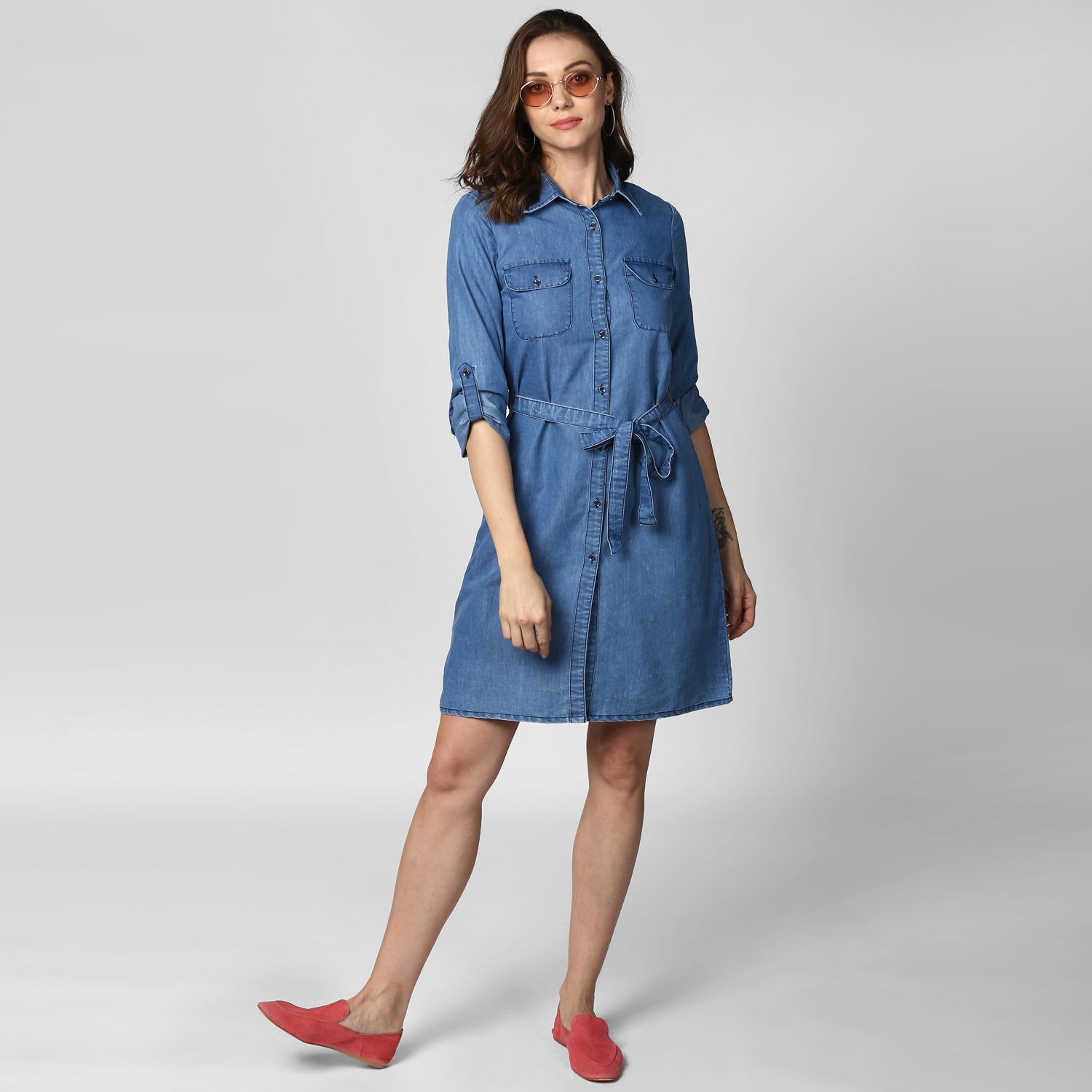 Women's Blue Denim Double Pocket Double Flap Dress - StyleStone
