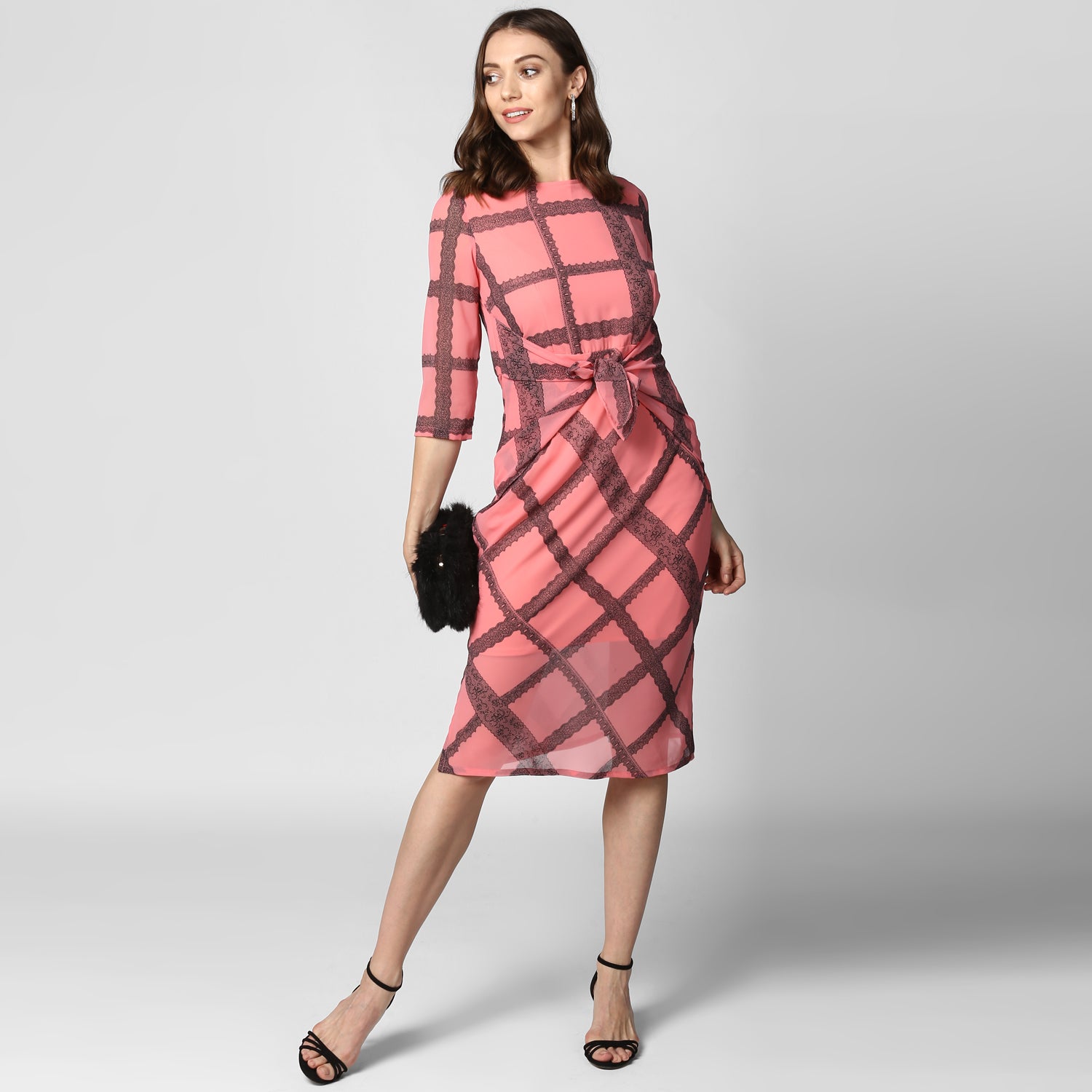 Women's Pink Check Waist Tie Up Polyester Dress with Lining - StyleStone
