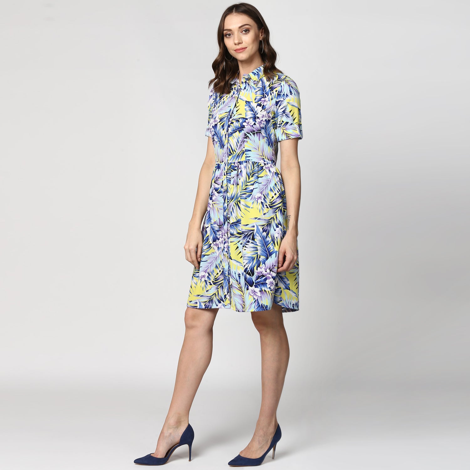 Women's Blue Printed Polyester Dress - StyleStone
