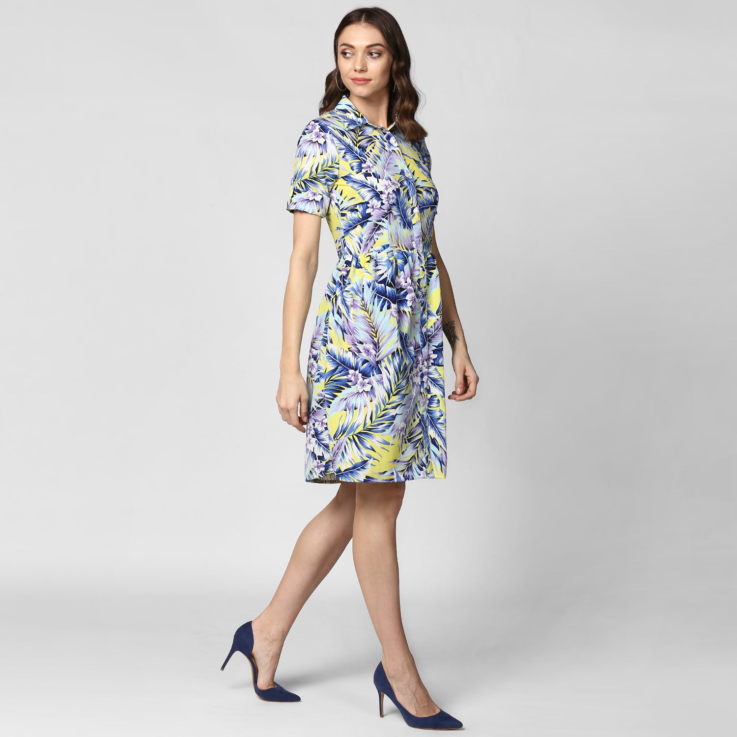 Women's Blue Printed Polyester Dress - StyleStone