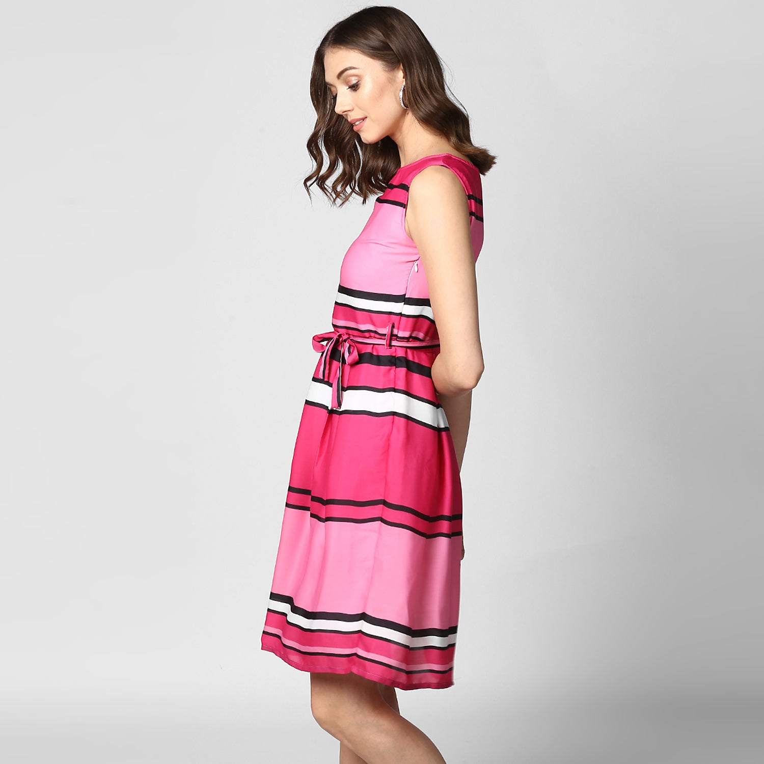 Women's Pink Satin Stripe Dress with Belt - StyleStone