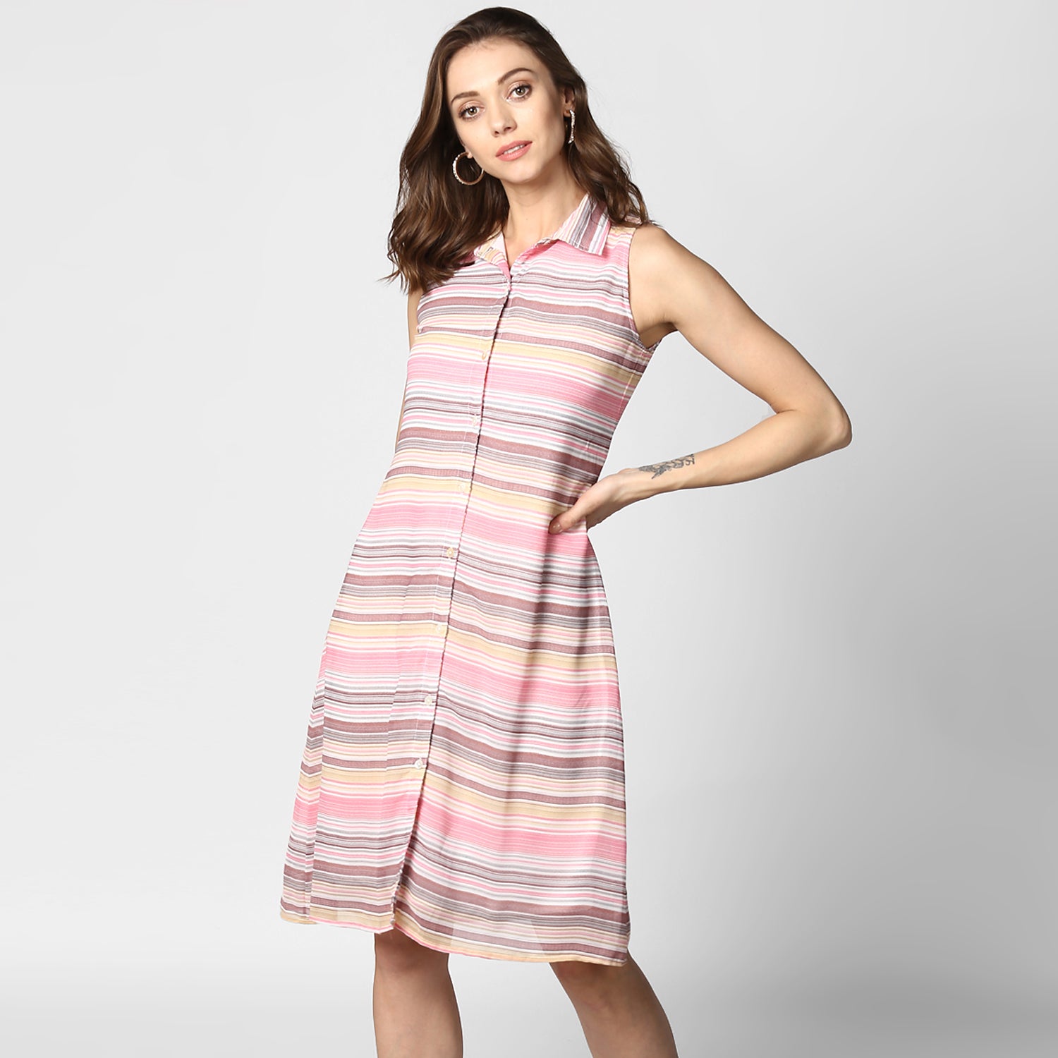 Women's Pink Stripe Shirt Dress - StyleStone