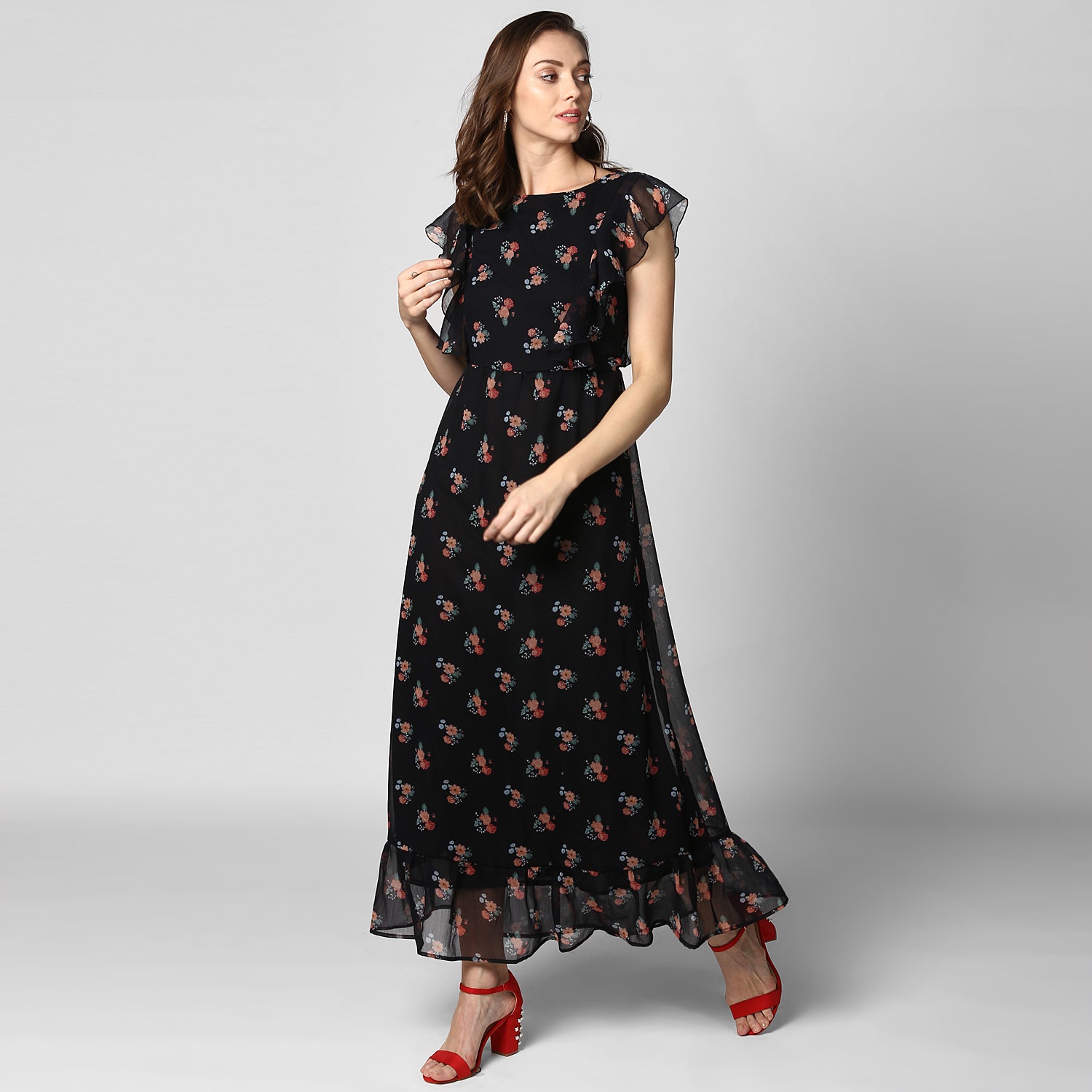 Women's Black Printed Maxi Dress with Lining - StyleStone