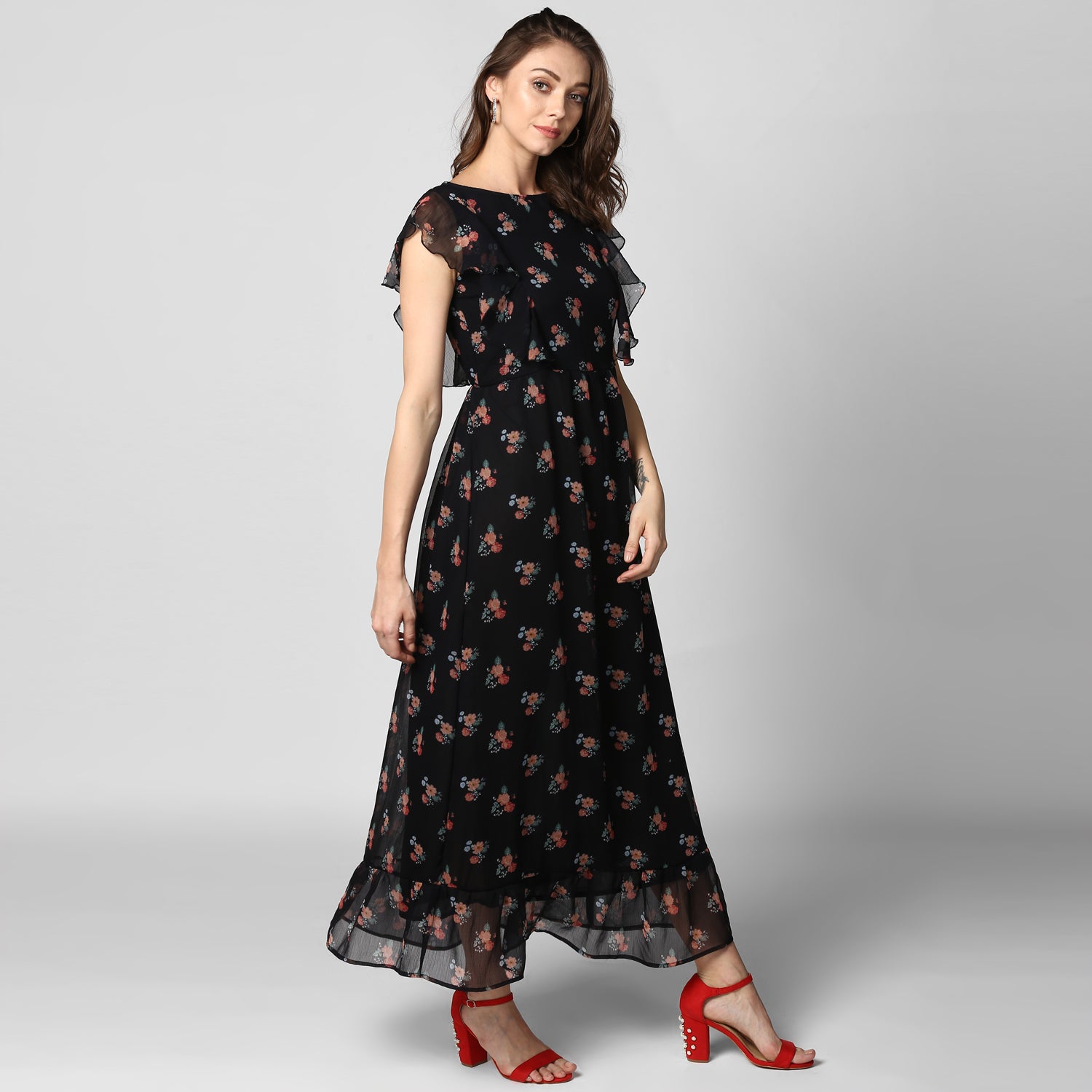 Women's Black Printed Maxi Dress with Lining - StyleStone