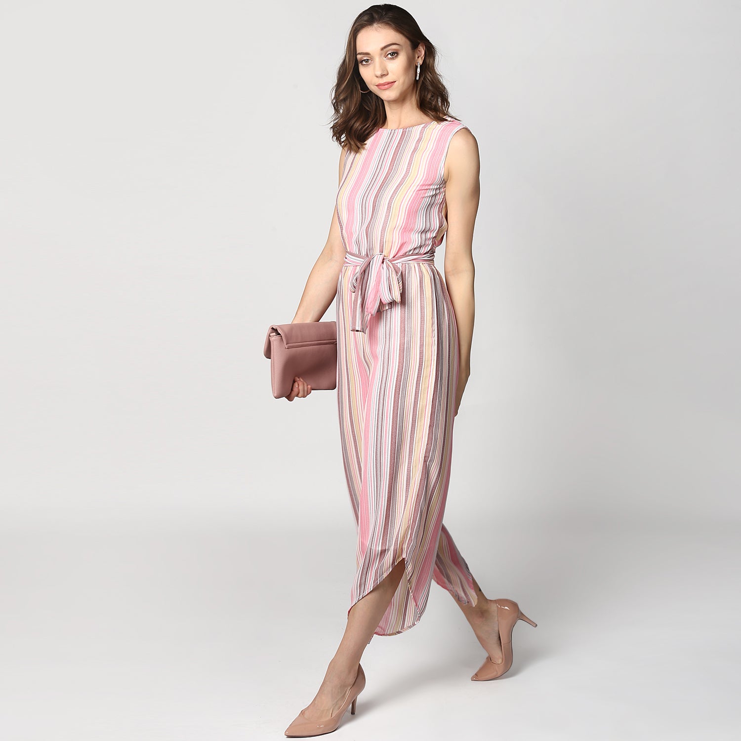 Women's Pink Stripe Asymmetric Hemline Jumpsuit - StyleStone