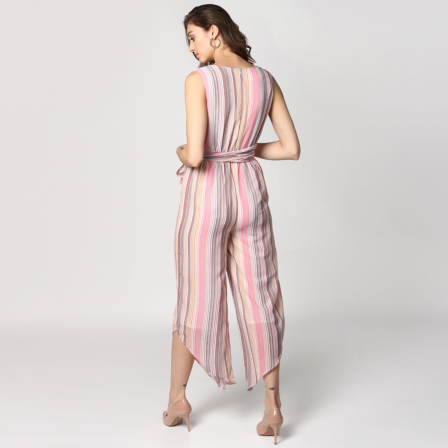 Women's Pink Stripe Asymmetric Hemline Jumpsuit - StyleStone