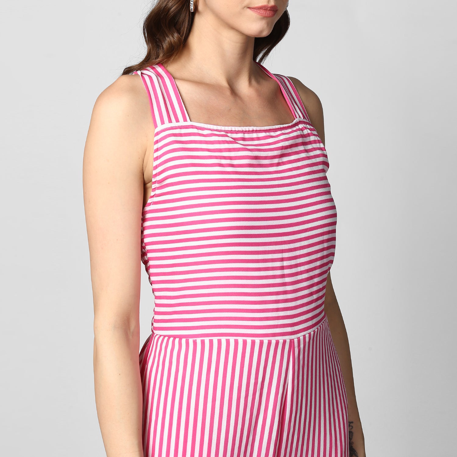 Women's Pink Stripe Jumpsuit with Cross Tie Up Back - StyleStone