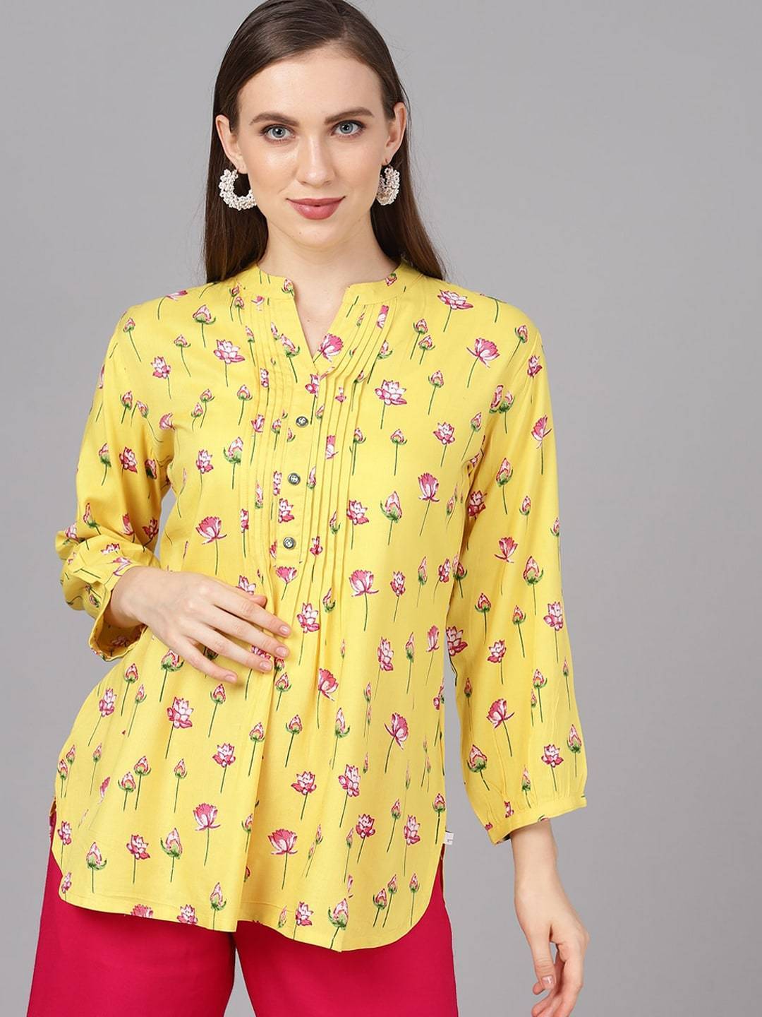 Women's  Yellow Floral Printed Top - AKS