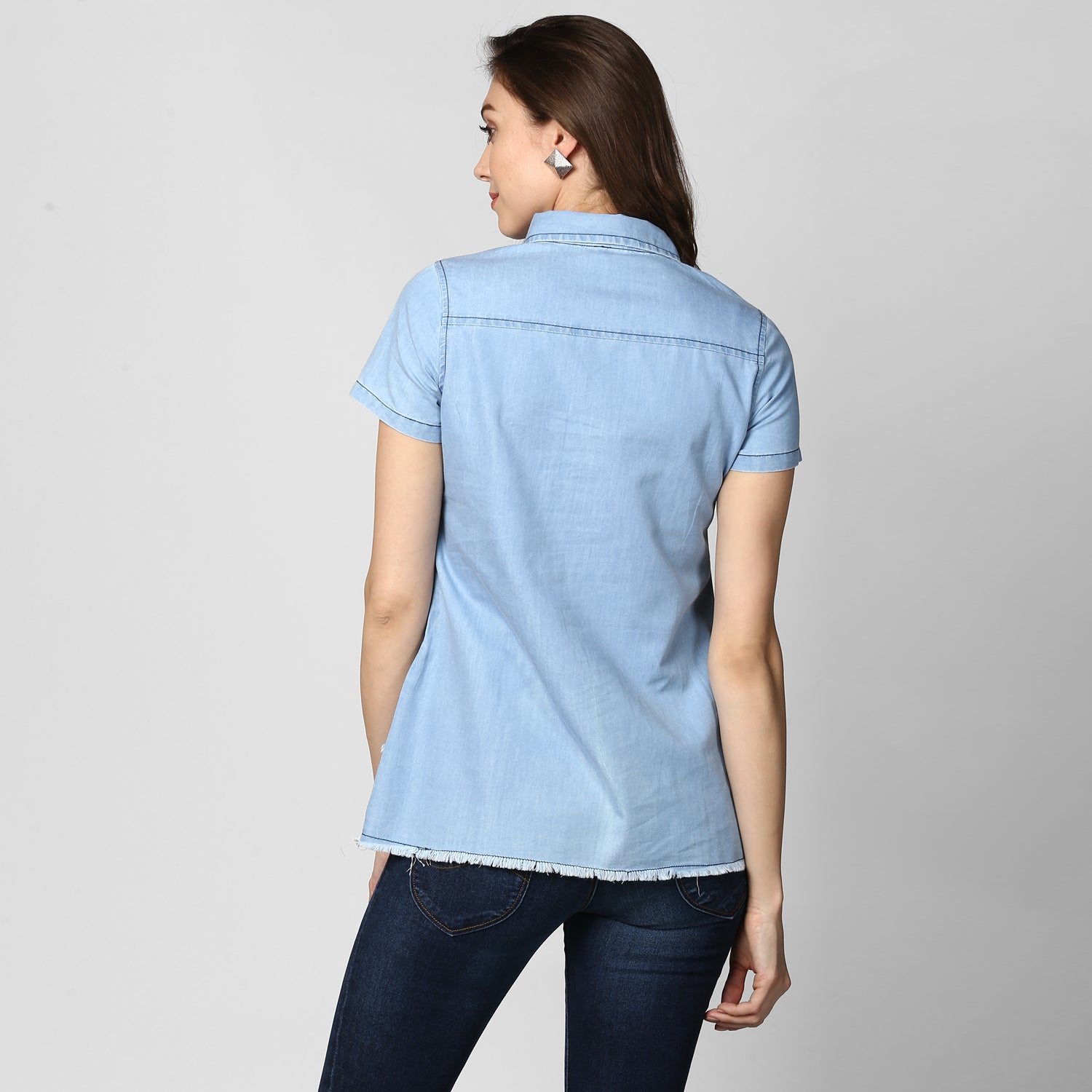 Women's Ice Blue Denim Peplum Top cum Shirt - StyleStone