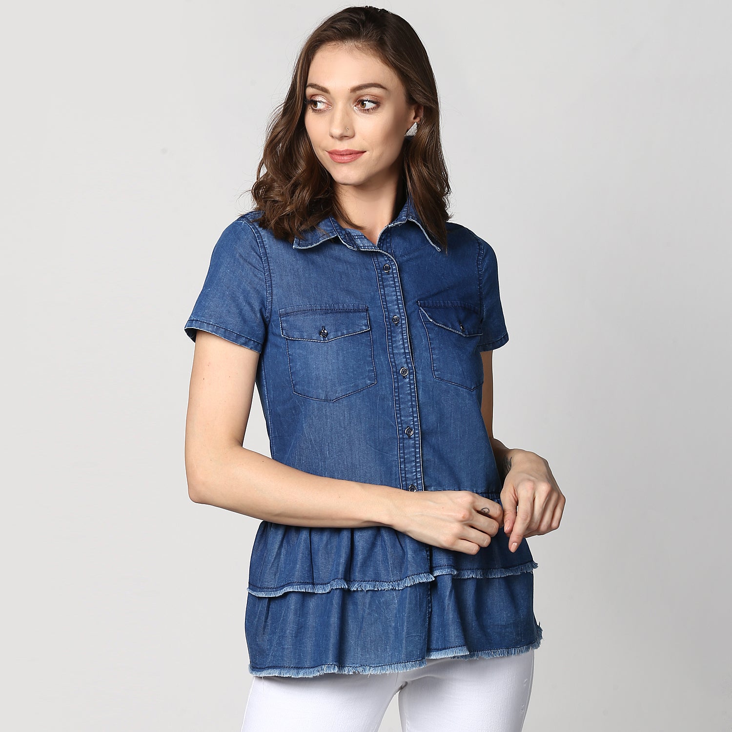 Women's Navy Blue Denim Peplum Top cum Shirt - StyleStone