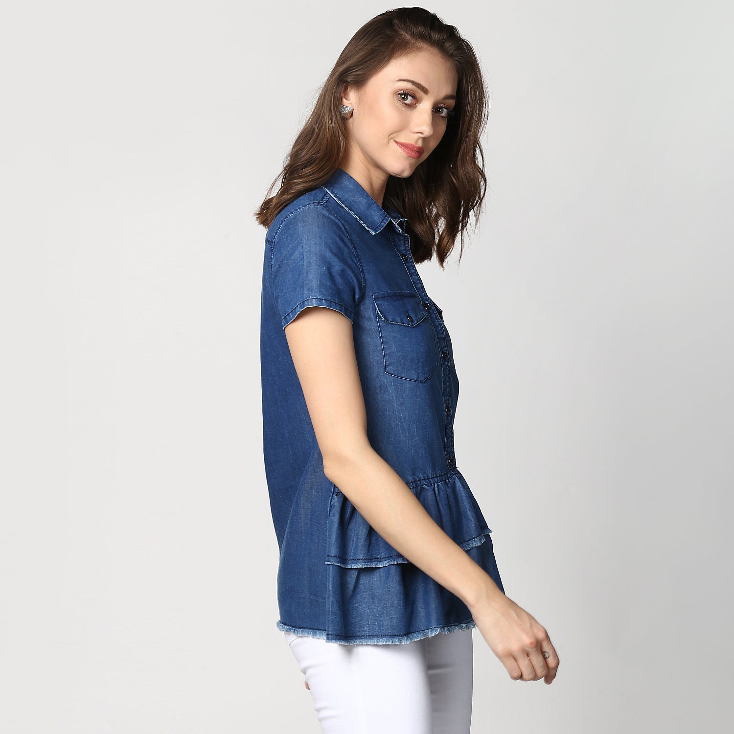 Women's Navy Blue Denim Peplum Top cum Shirt - StyleStone