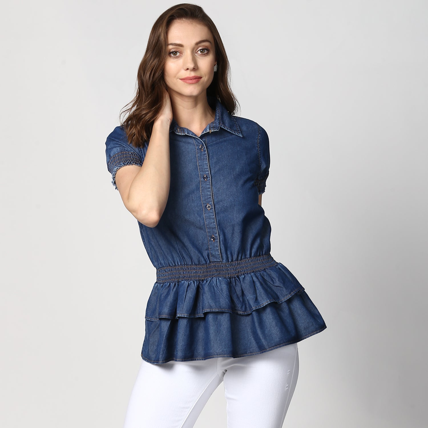 Women's Navy Blue Denim Peplum Top cum Shirt with elasticated waistband - StyleStone