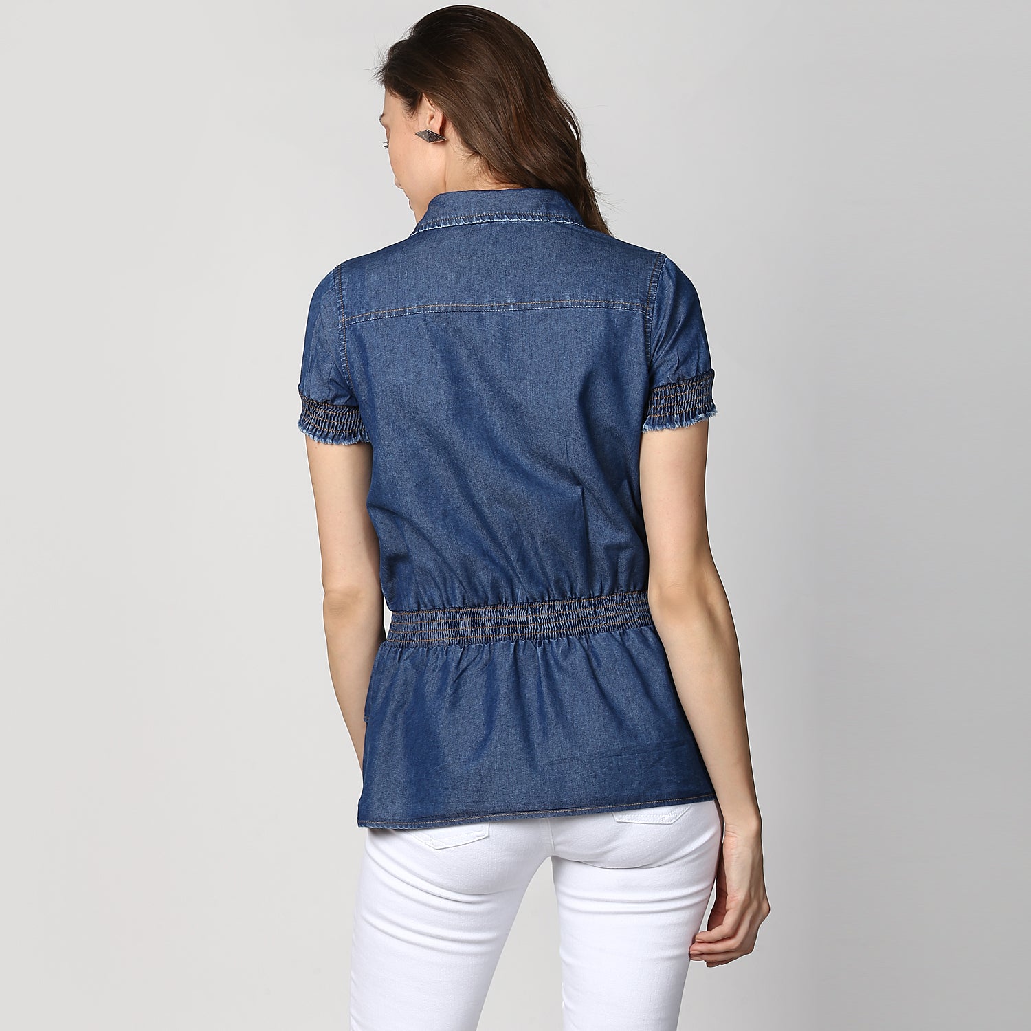 Women's Navy Blue Denim Peplum Top cum Shirt with elasticated waistband - StyleStone