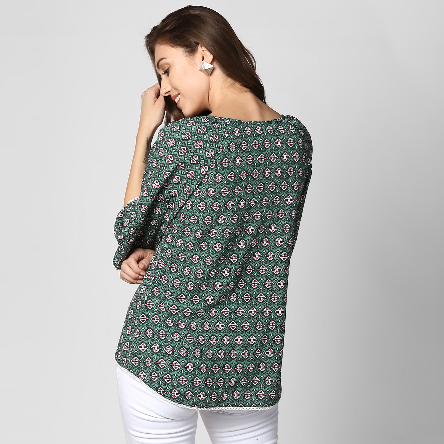 Women's Green Printed Polyester Top - StyleStone