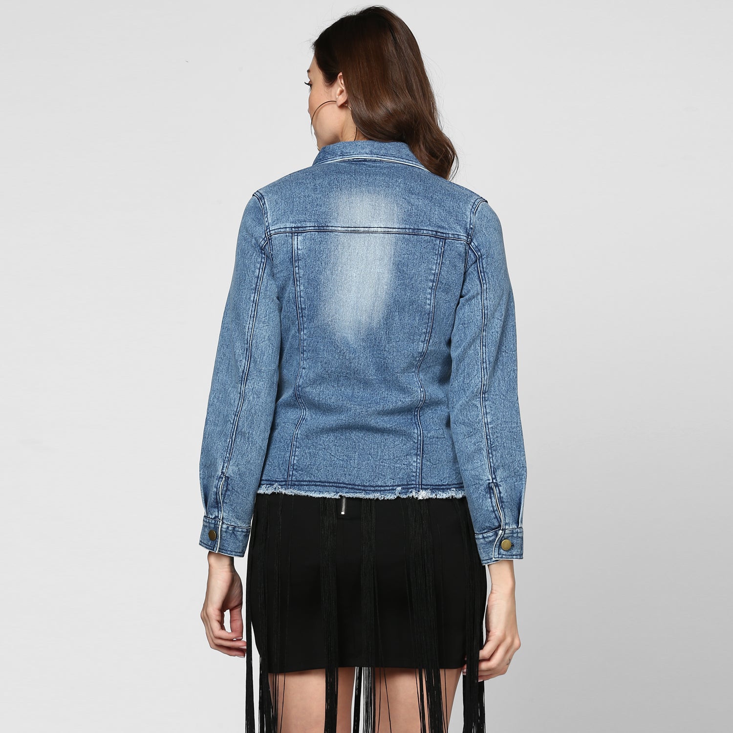 Women's Blue Distressed Denim Jacket - StyleStone