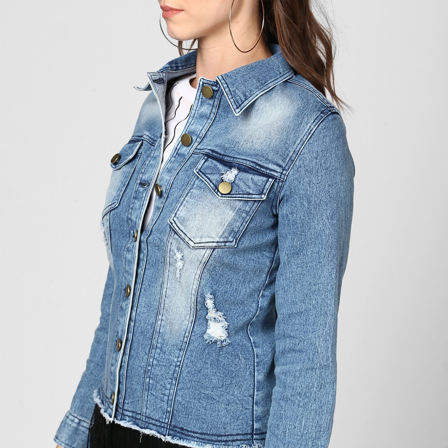 Women's Blue Distressed Denim Jacket - StyleStone