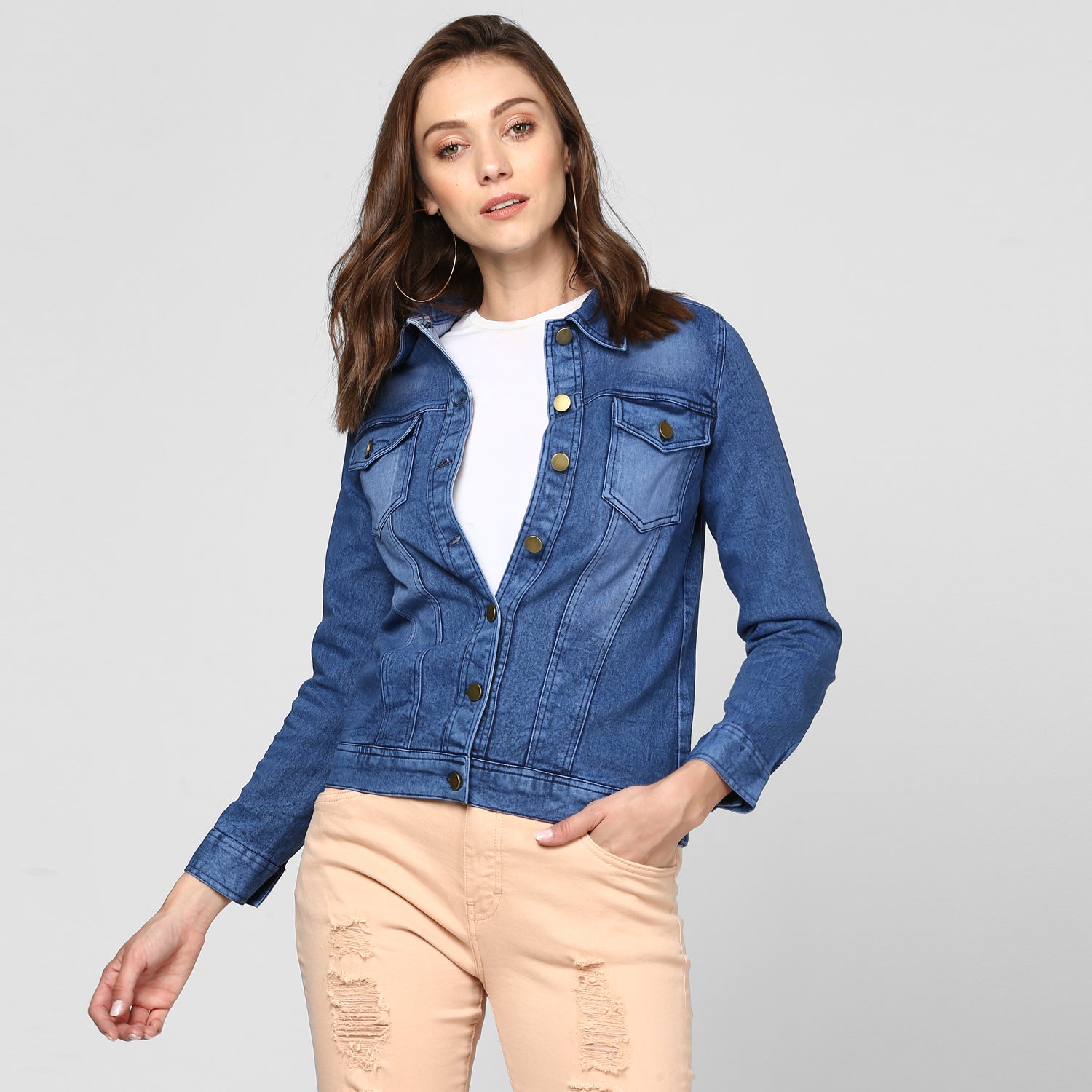 Women's Blue Denim Washed Jacket - StyleStone