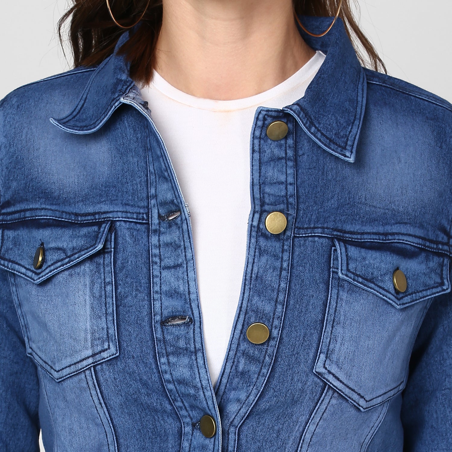 Women's Blue Denim Washed Jacket - StyleStone