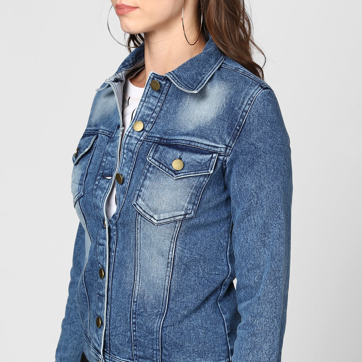 Women's Blue Washed Denim Jacket - StyleStone
