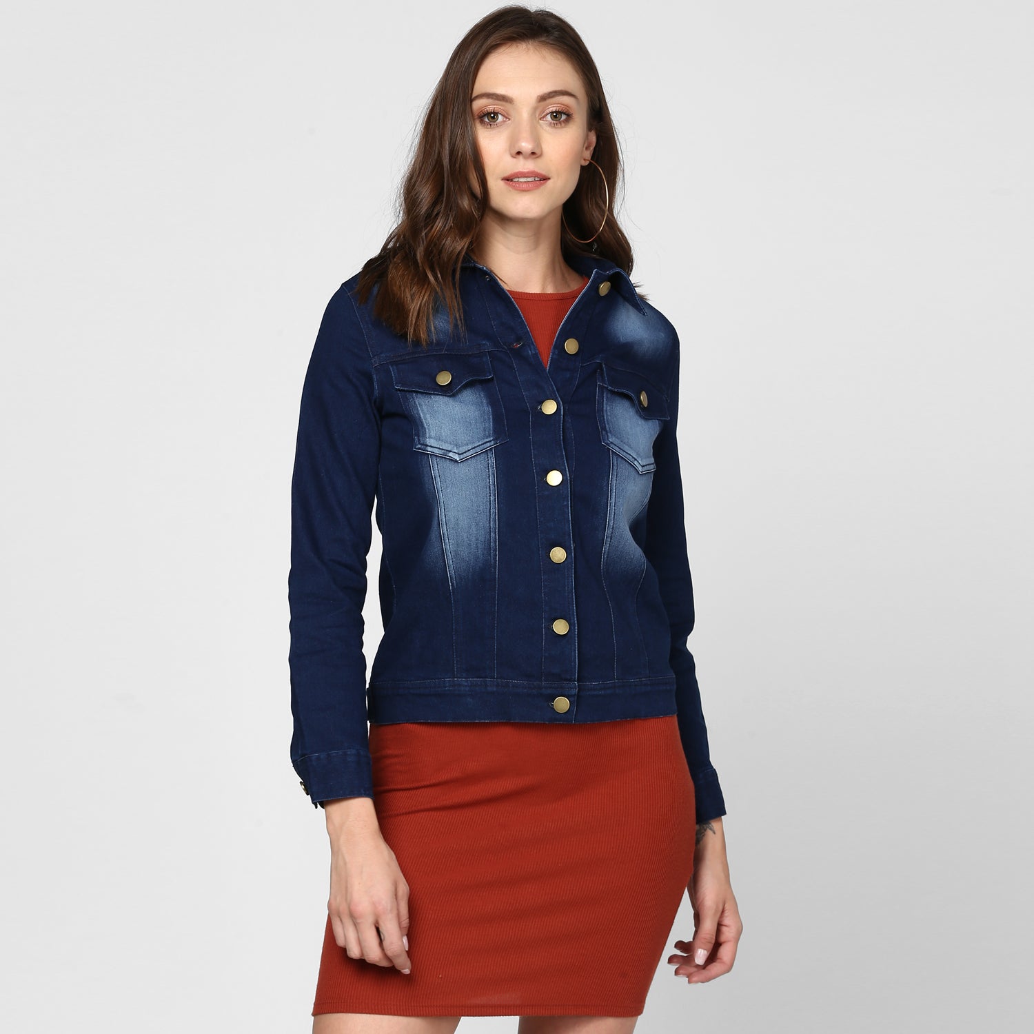 Women's Navy Blue Washed Denim Jacket - StyleStone