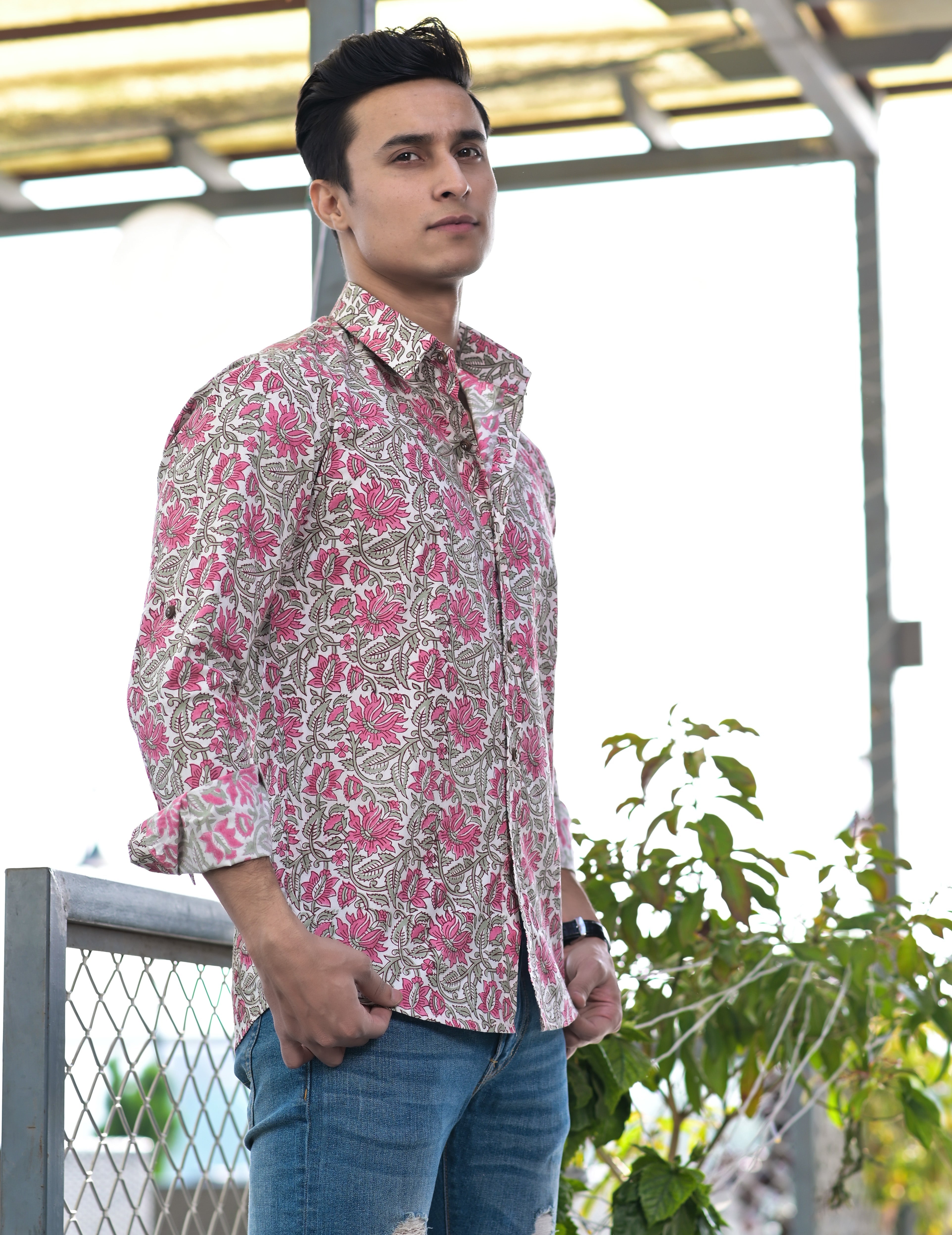 Men's Pink Floral Hand Block Shirt - Hatheli