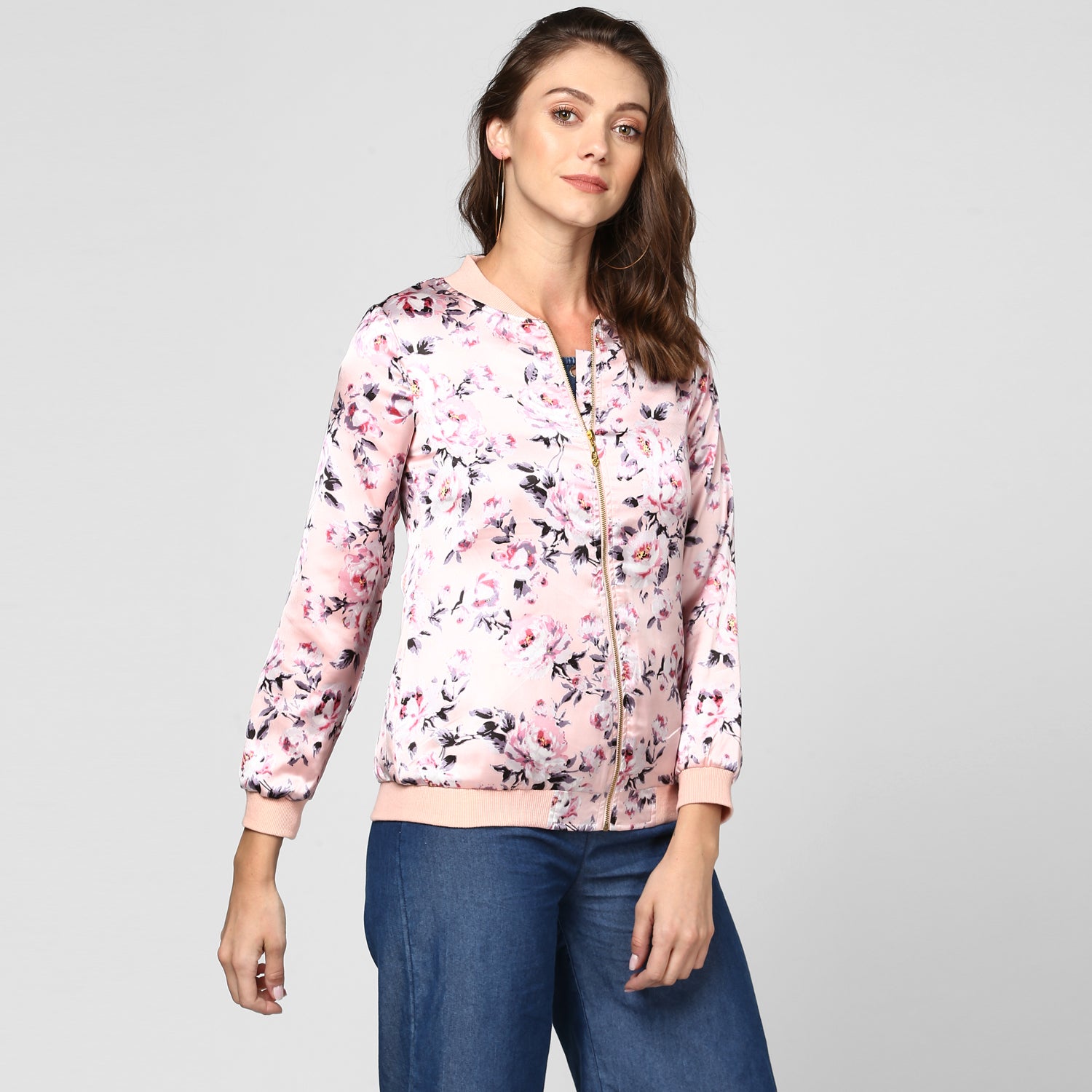 Women's Light Pink Floral Printed Jacket - StyleStone
