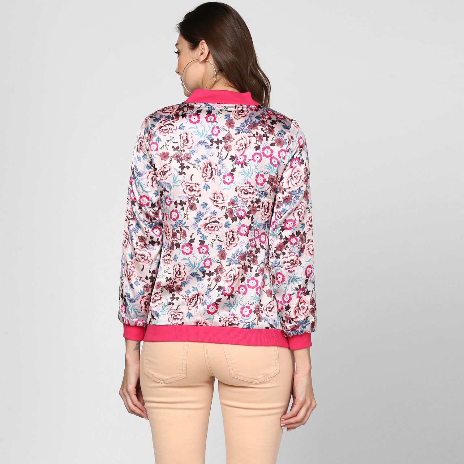 Women's Fuchsia Printed Satin Jacket - StyleStone