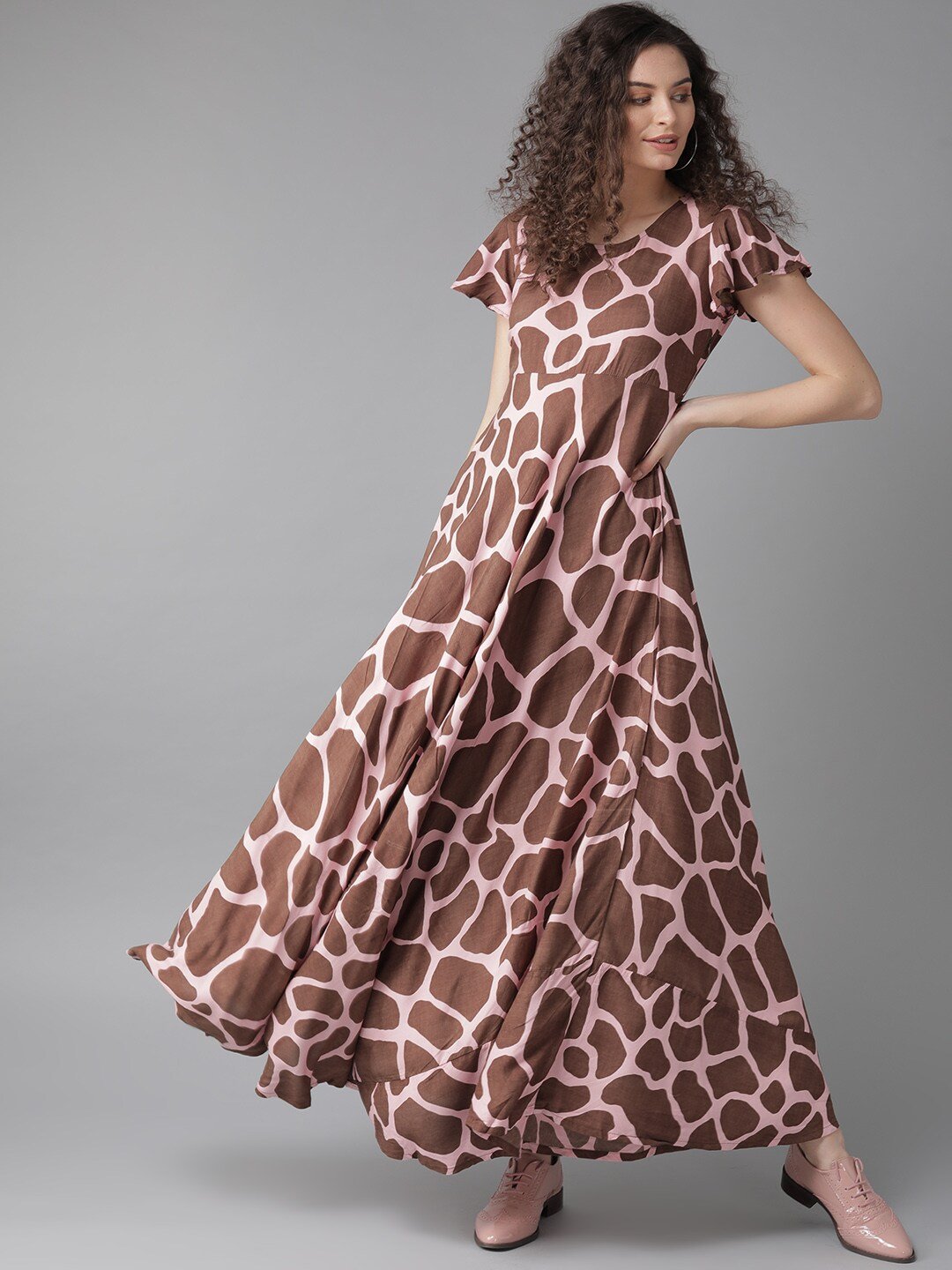 Women's  Pink & Brown Animal Printed Maxi Dress - AKS