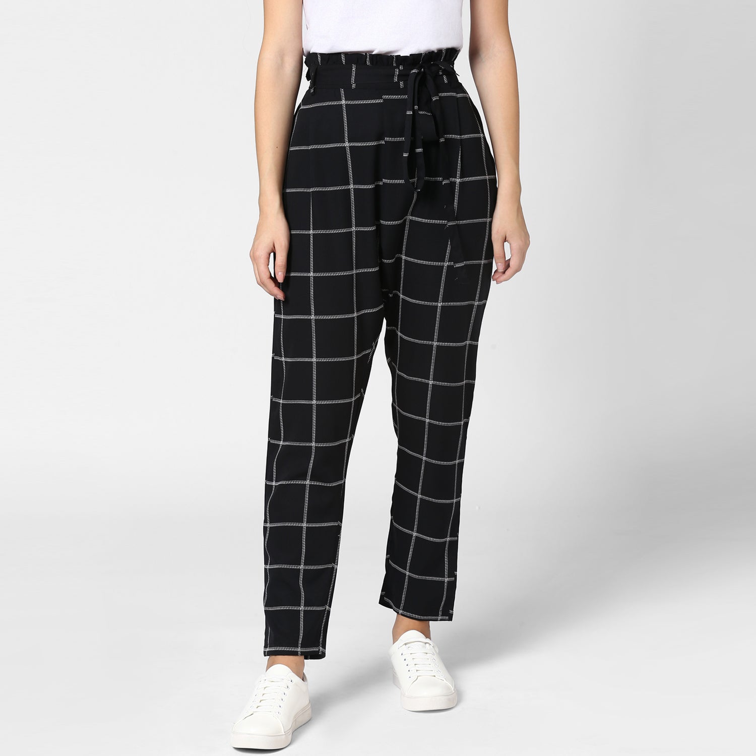 Women's Black and White Check Paperbag Pants with elasticated waistband - StyleStone