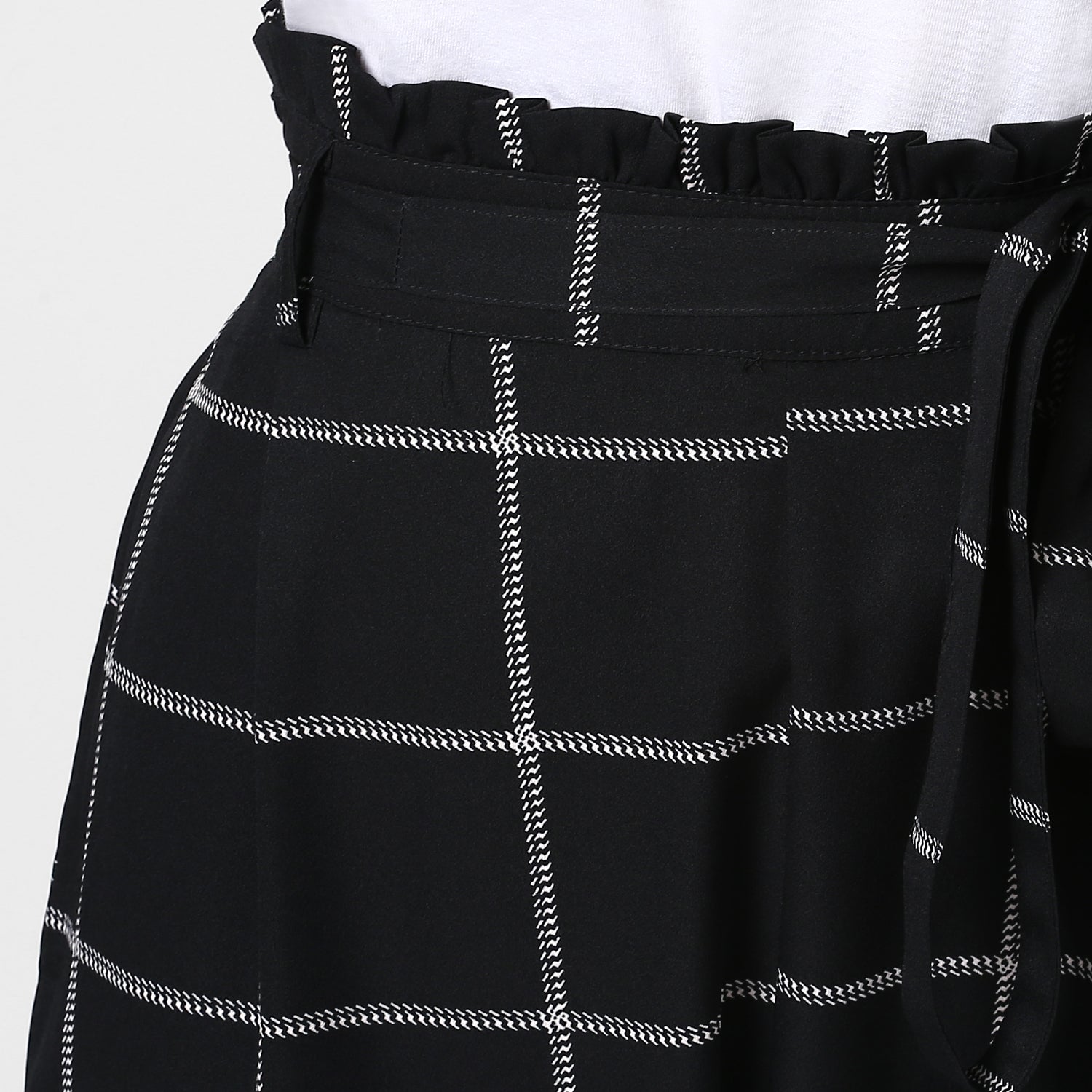 Women's Black and White Check Paperbag Pants with elasticated waistband - StyleStone