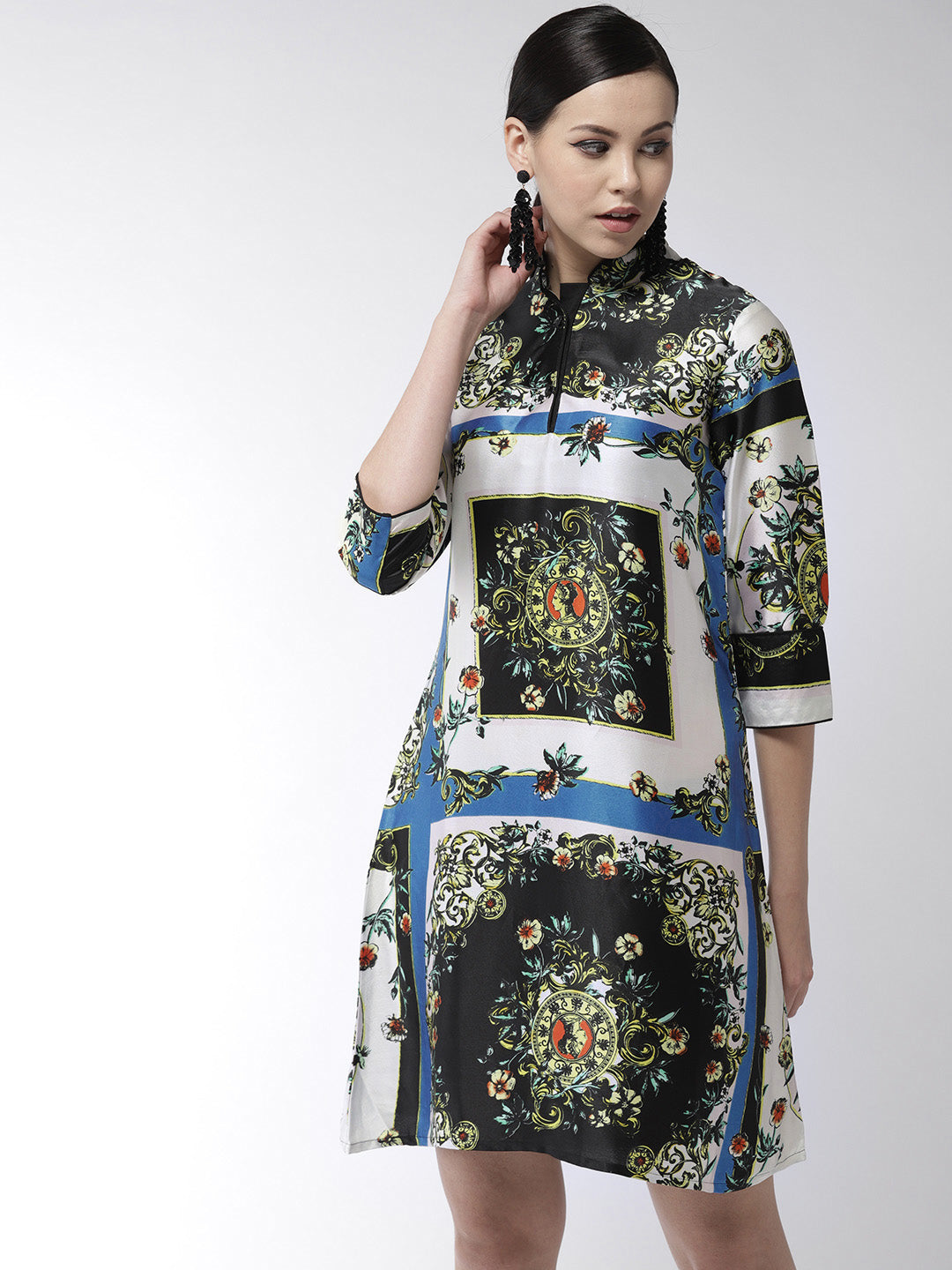 Women's Satin Scarf Print Dress - StyleStone