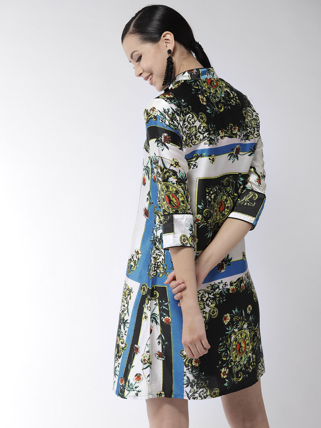 Women's Satin Scarf Print Dress - StyleStone