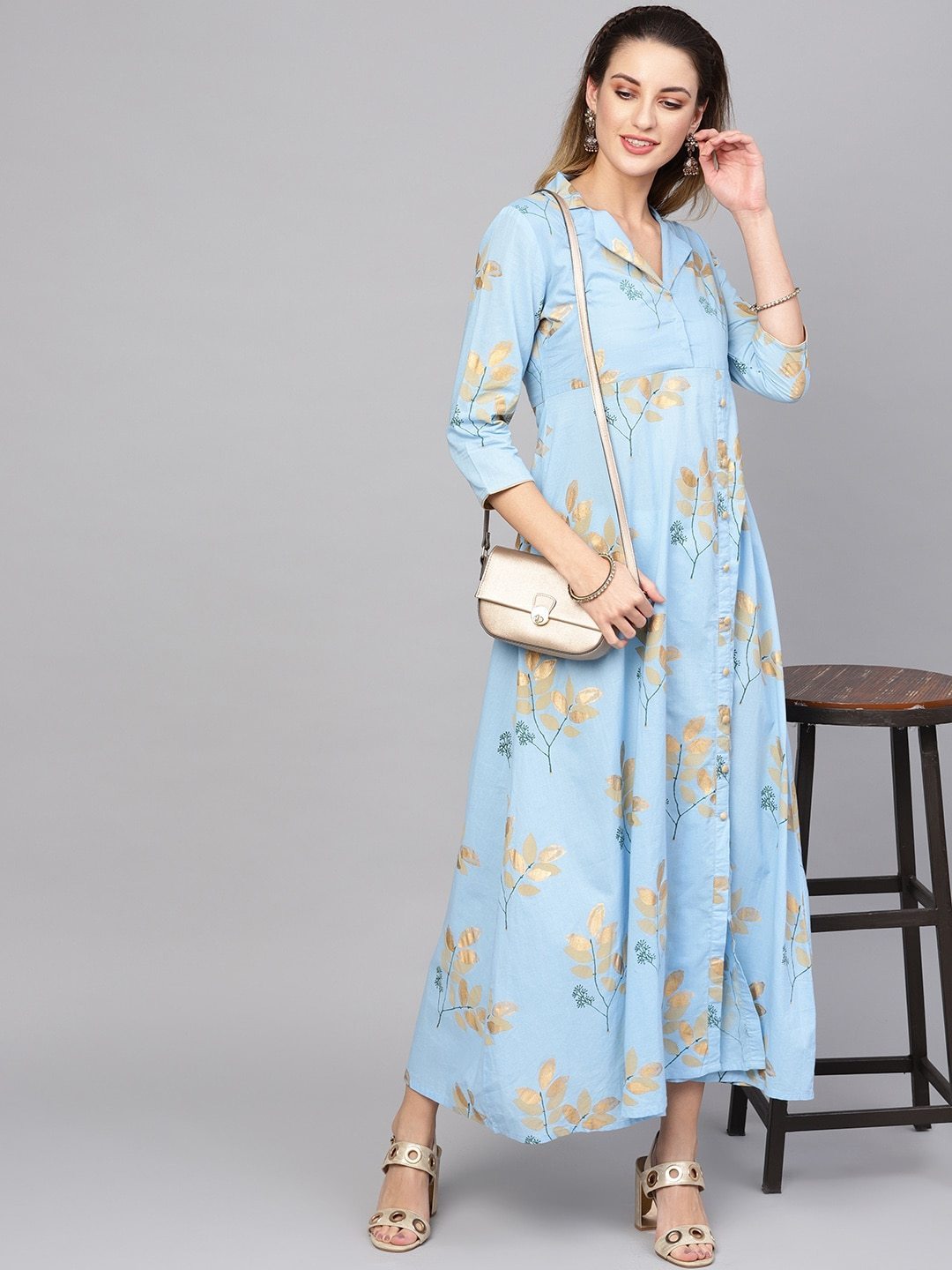Women's  Blue & Golden Printed Maxi Dress - AKS