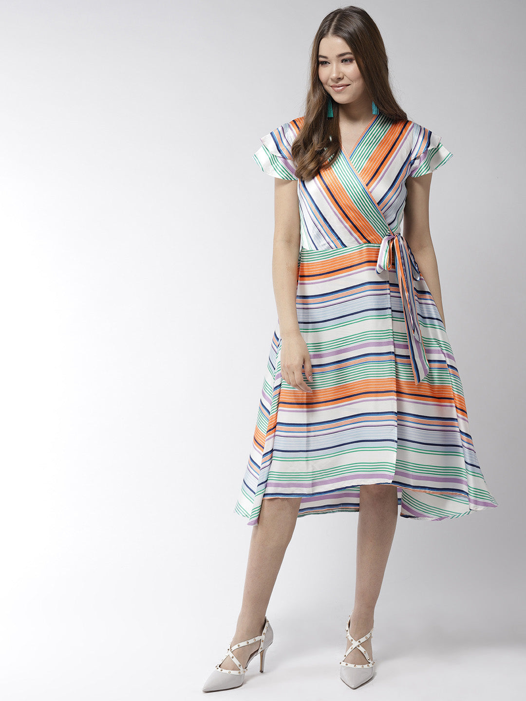 Women's Satin Stripe Print Wrap Dress - StyleStone