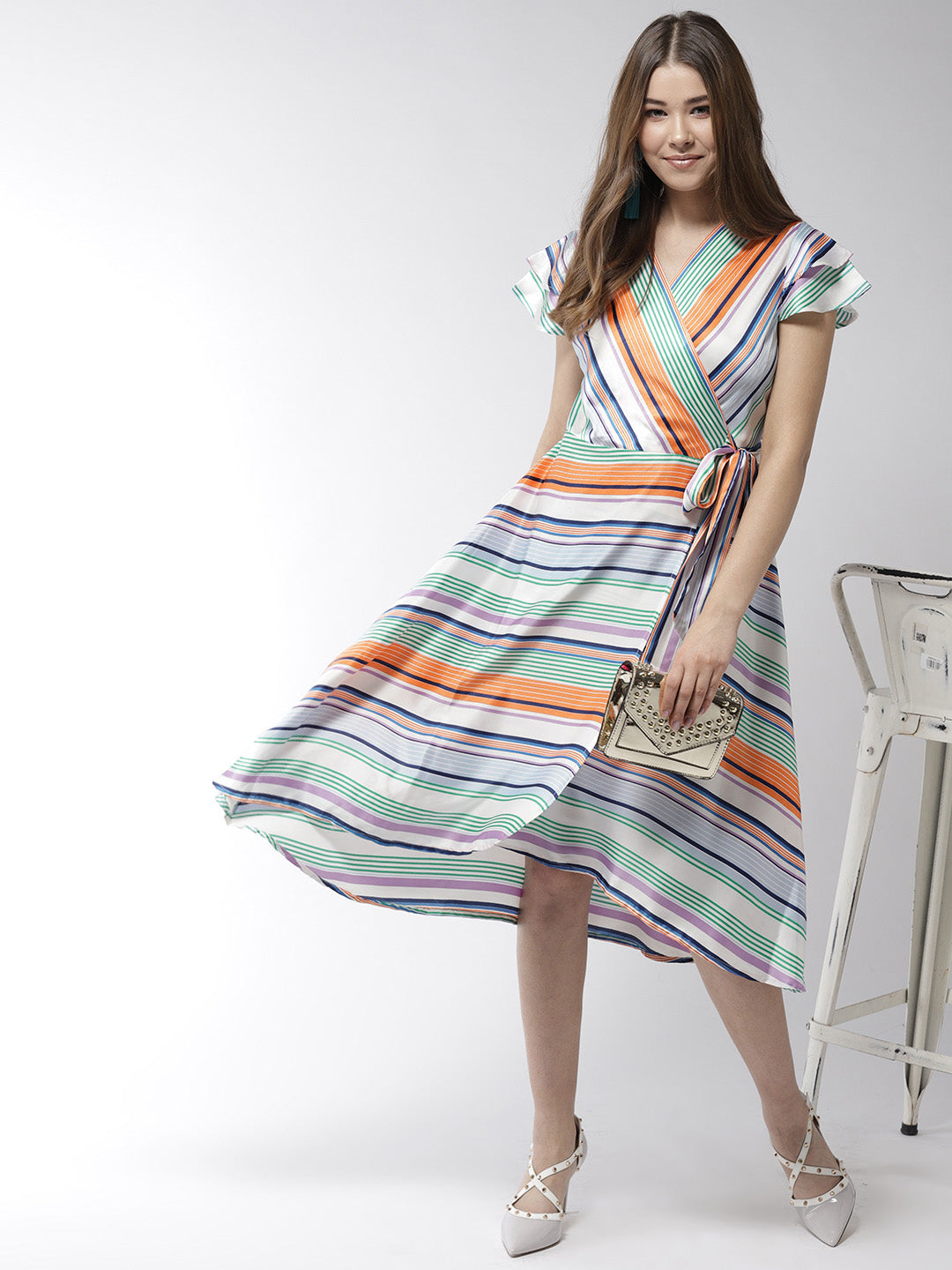 Women's Satin Stripe Print Wrap Dress - StyleStone