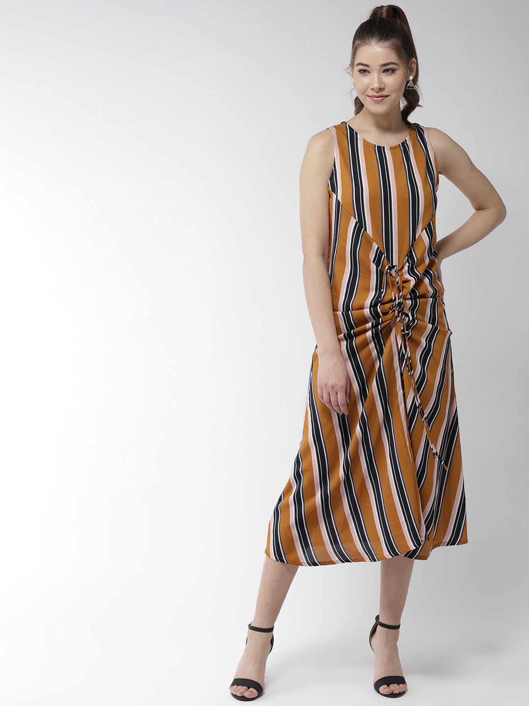 Women's Satin Stripe Print Front Gather Dress - StyleStone