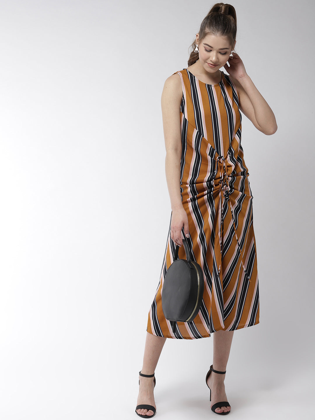 Women's Satin Stripe Print Front Gather Dress - StyleStone