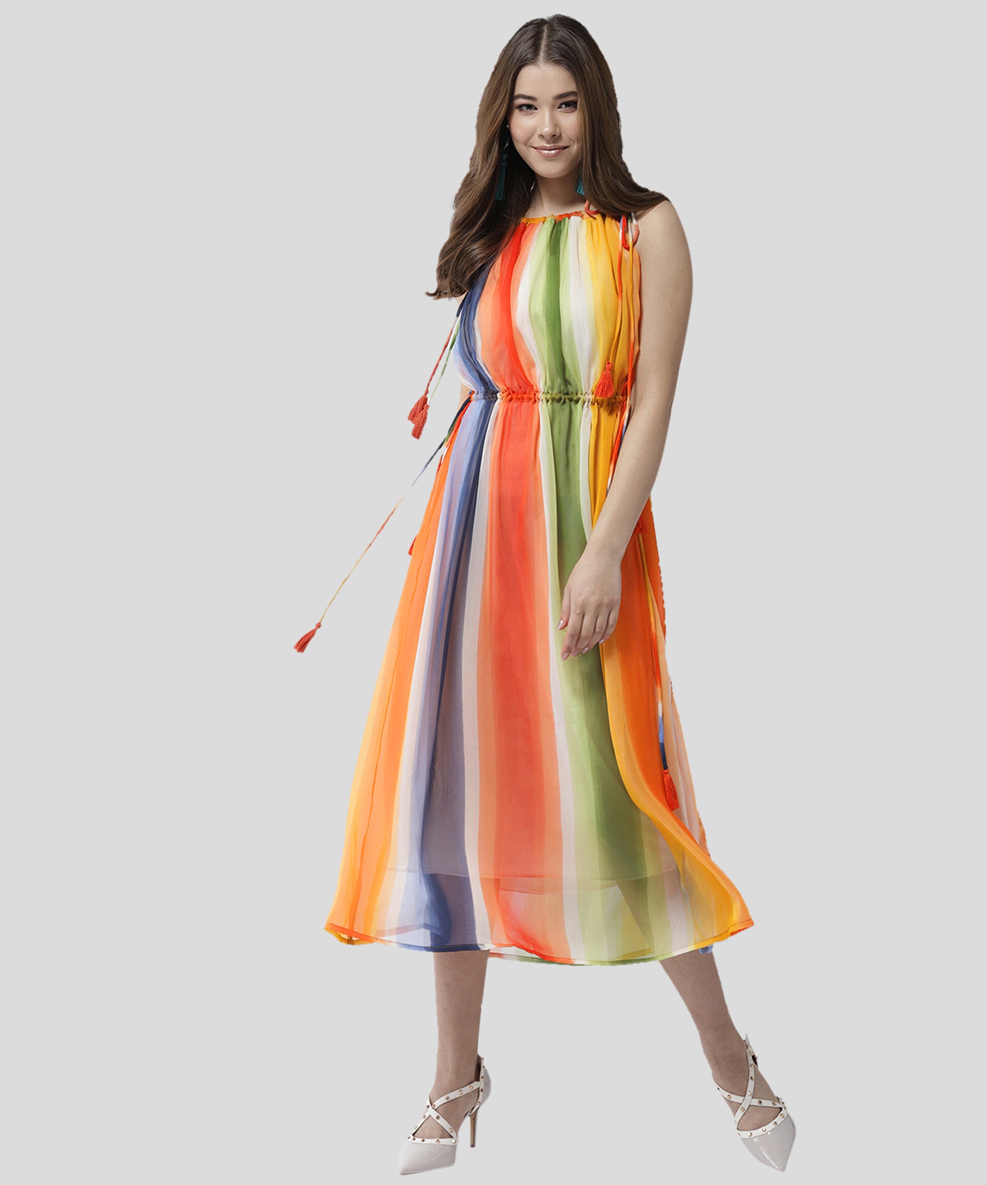 Women's Tie up Rainbow Print Maxi dress - StyleStone