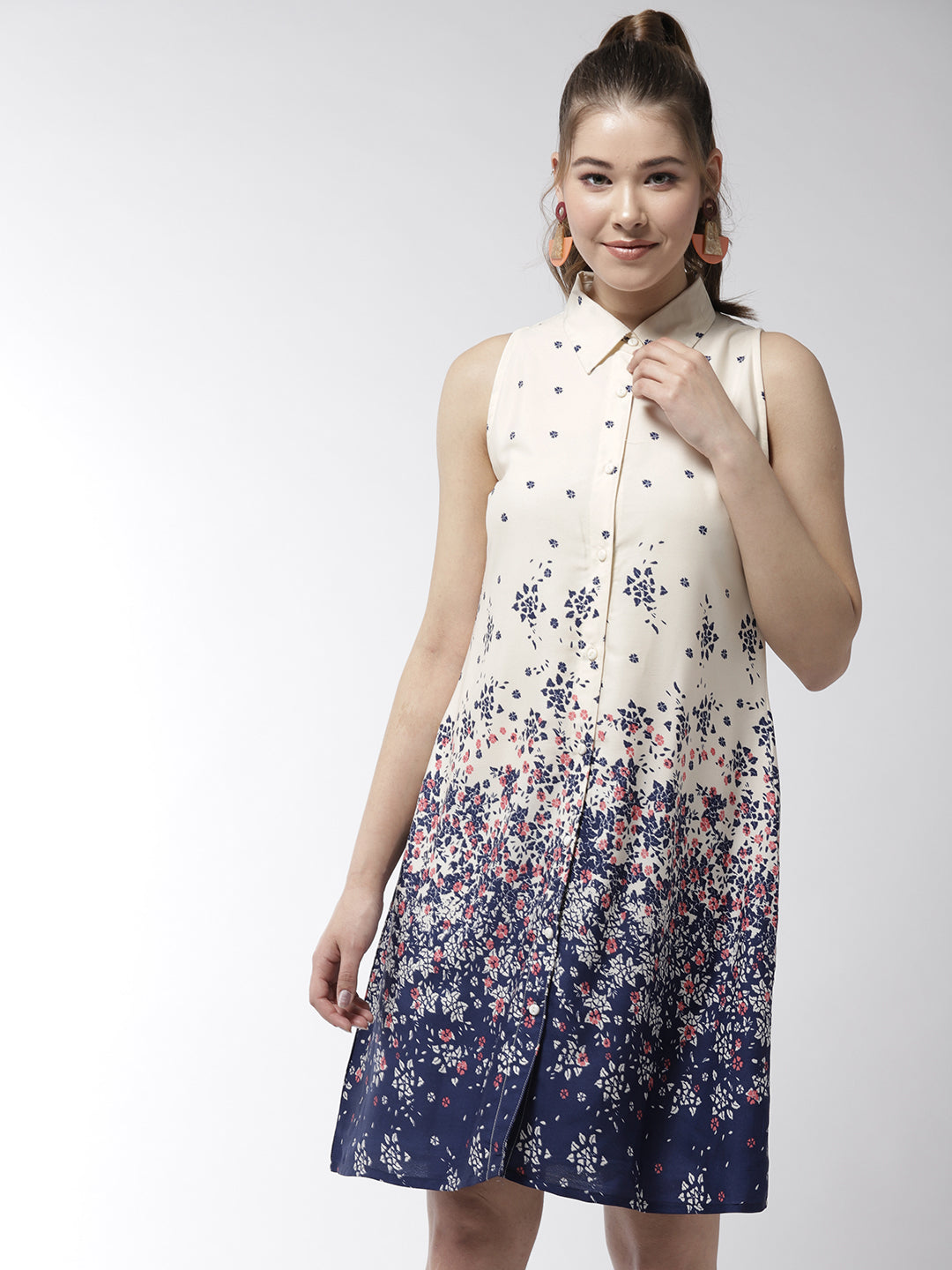Women's Cream Color Floral Printed Crepe Dress - StyleStone