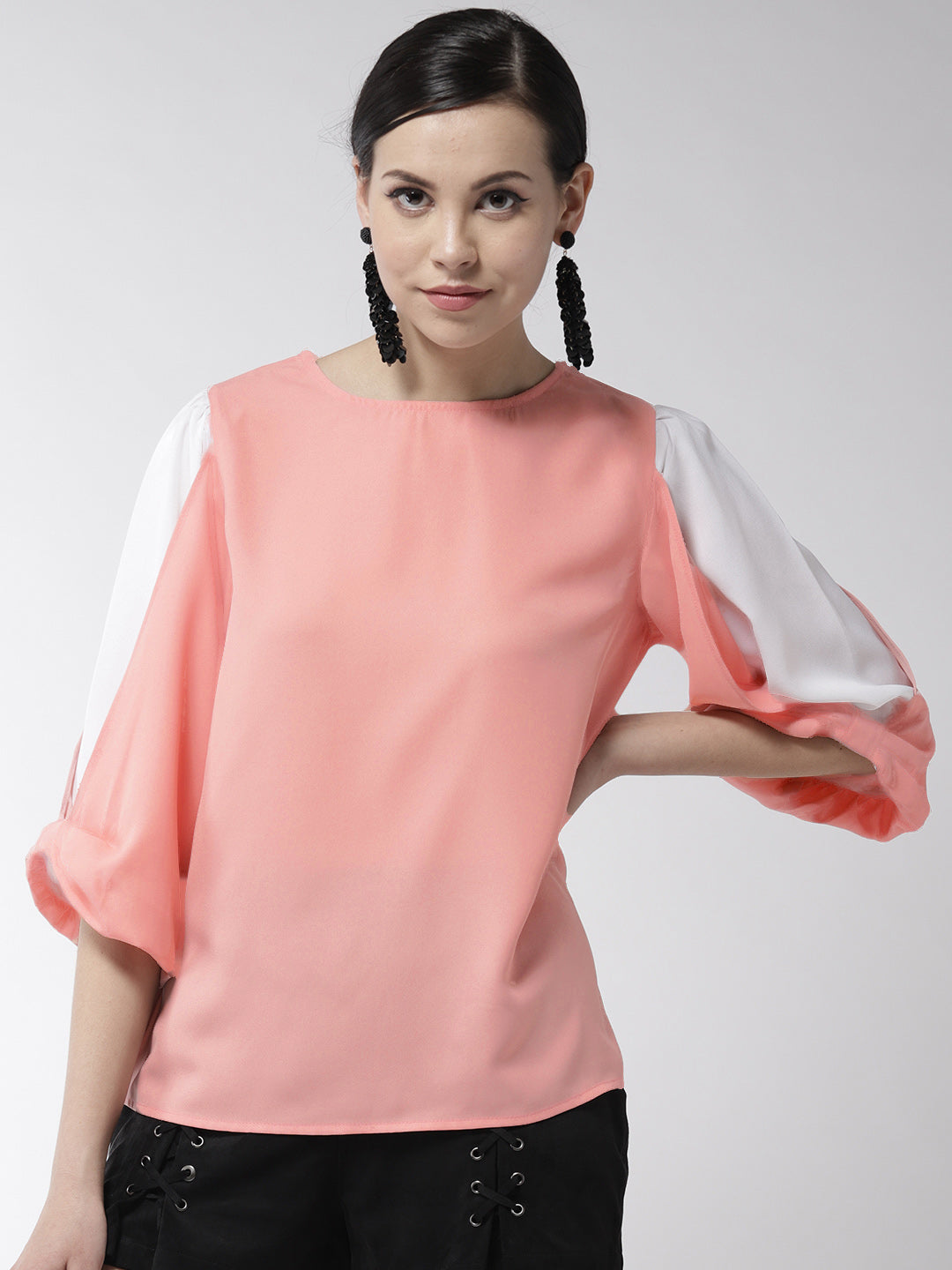 Women's Pink and White Drape Sleeve Polyester Top - StyleStone