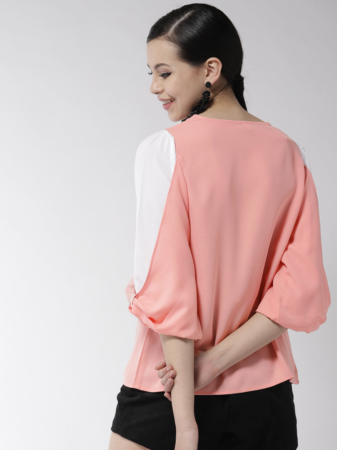 Women's Pink and White Drape Sleeve Polyester Top - StyleStone