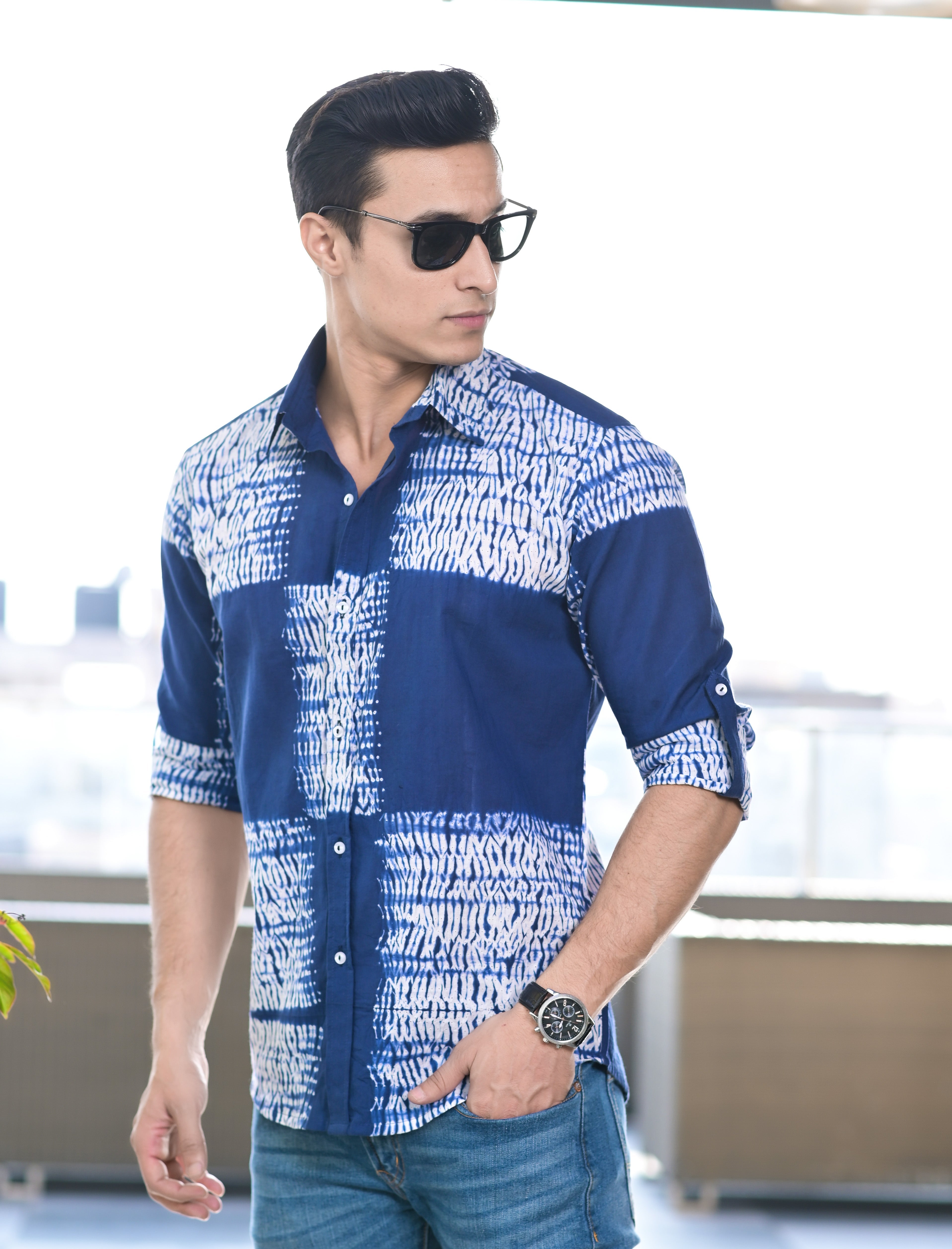 Men's Blue Hand Shibori Cotton Shirt - Hatheli