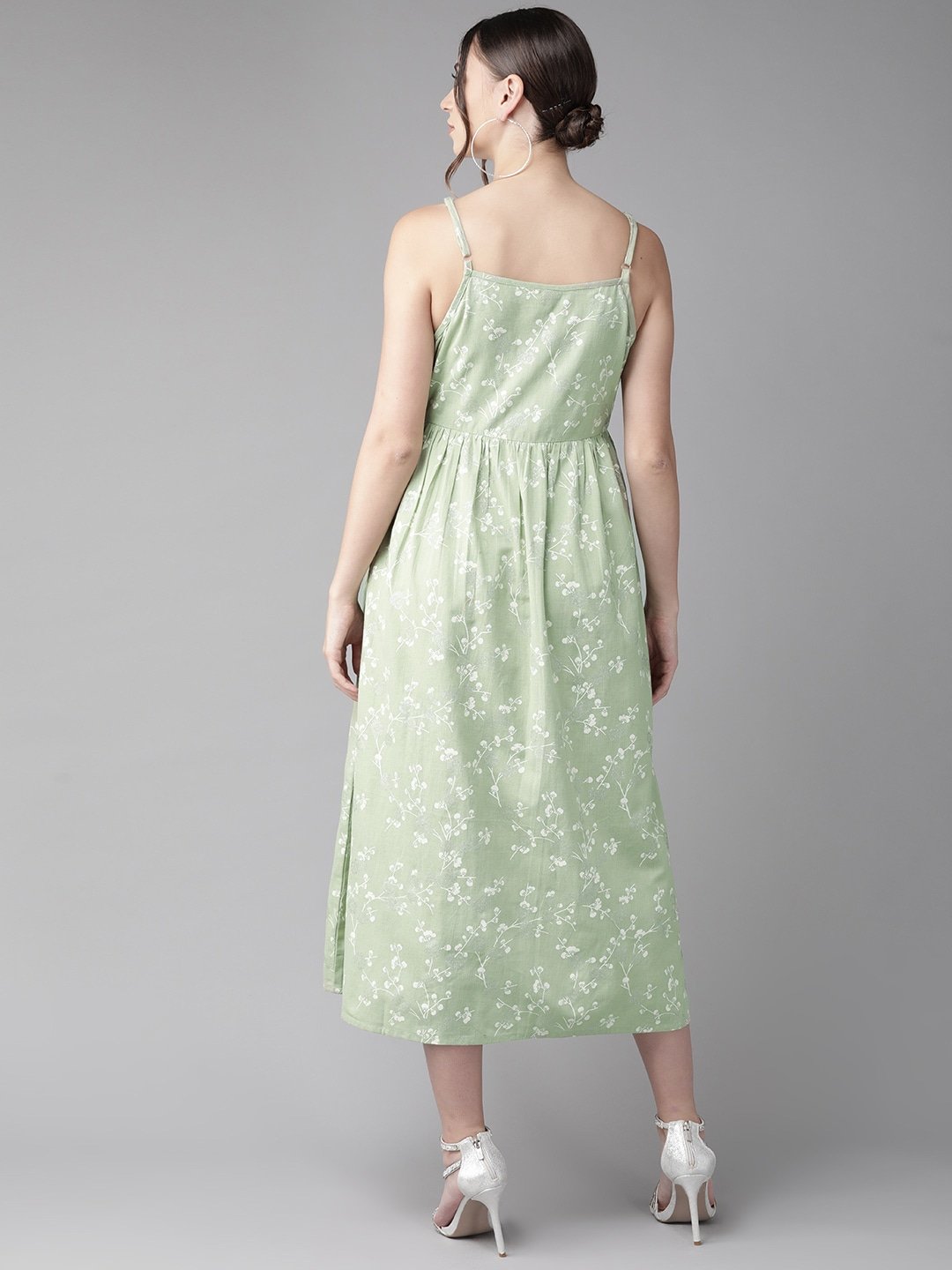 Women's  Green & White Khari Print A-Line Dress - AKS
