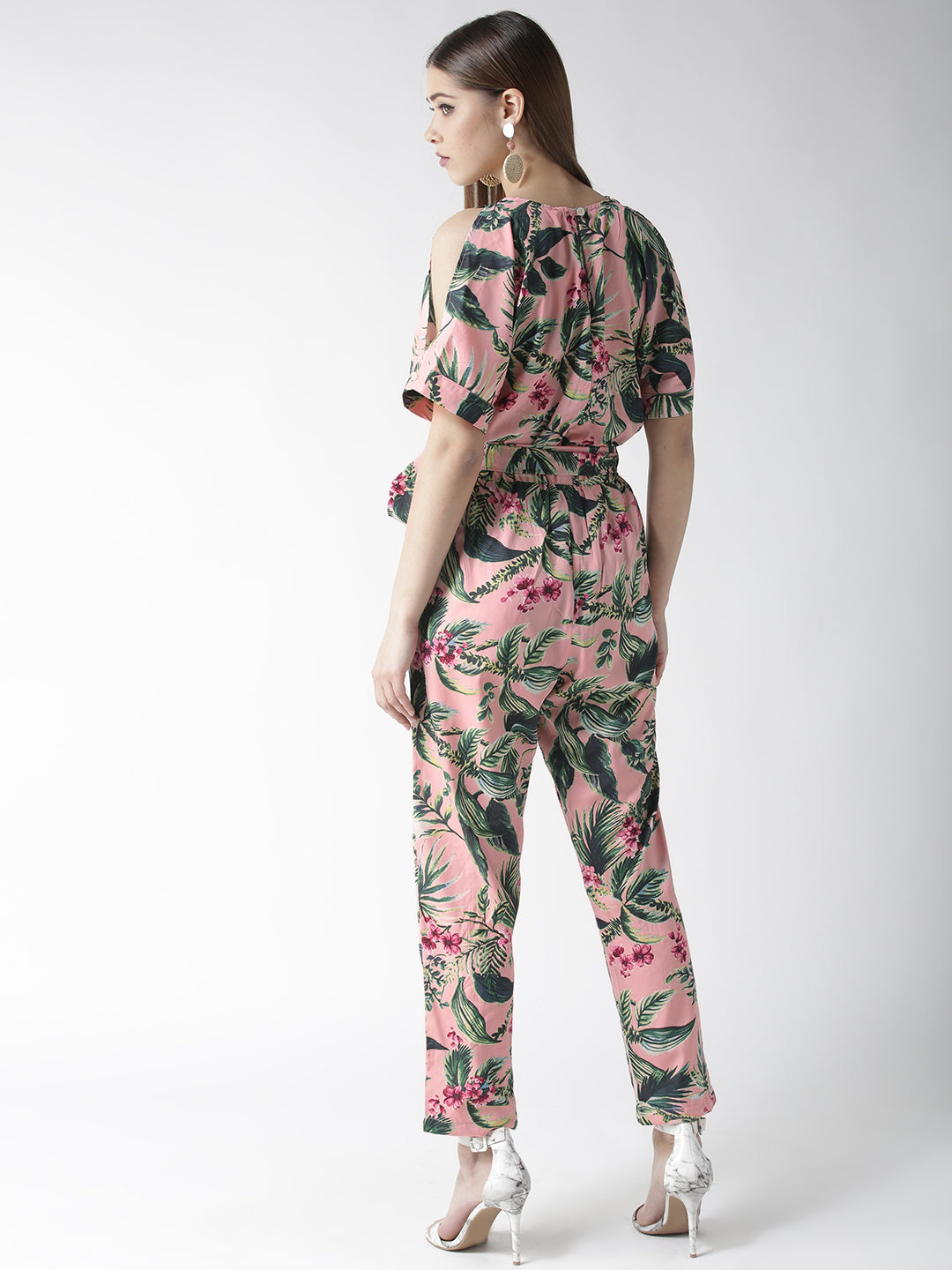 Women's Pink Floral Slit Sleeve Jumpsuit with Belt - StyleStone