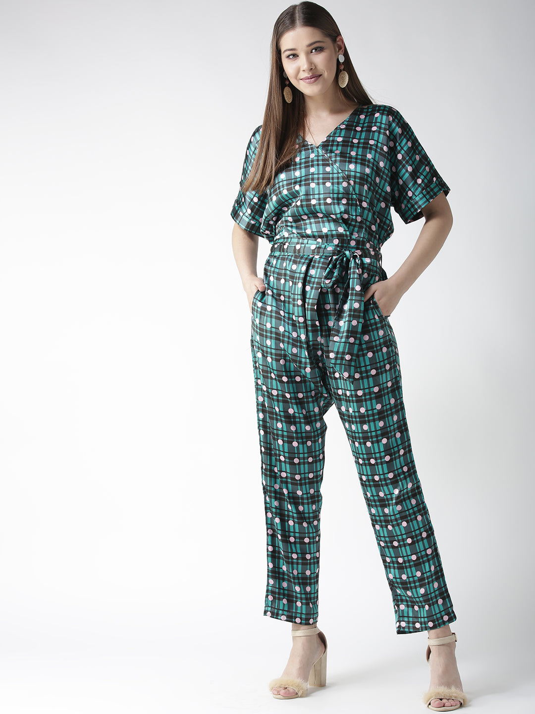 Women's Green Check and Dot Print Satin Jumpsuit - StyleStone