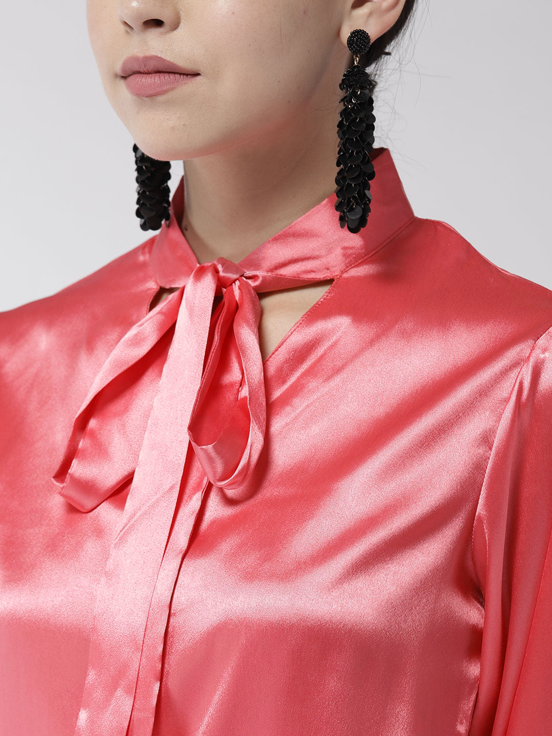 Women's Coral Shirt with Long Cuff and attached Necktie - StyleStone