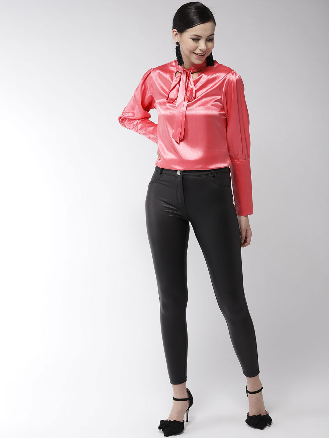 Women's Coral Shirt with Long Cuff and attached Necktie - StyleStone