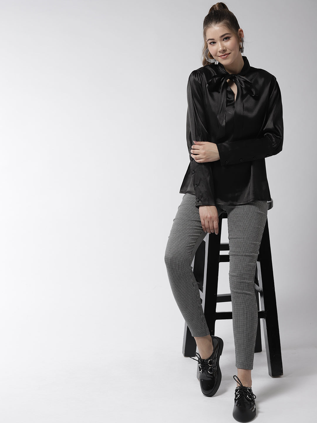 Women's Black Shirt with Long Cuff and attached Necktie - StyleStone