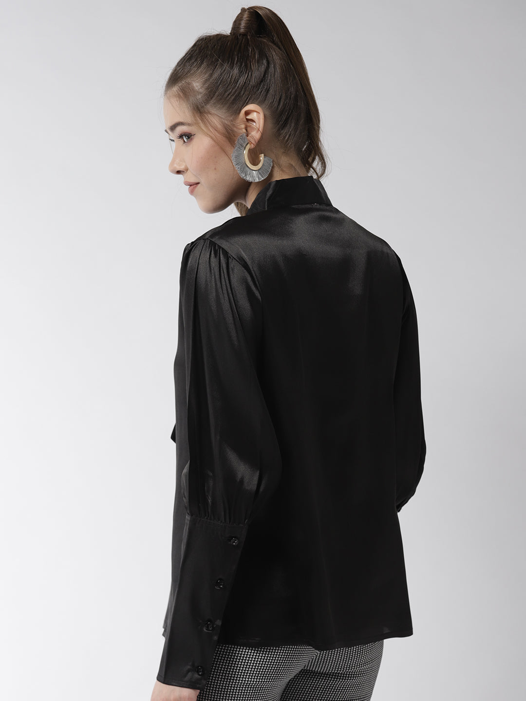 Women's Black Shirt with Long Cuff and attached Necktie - StyleStone