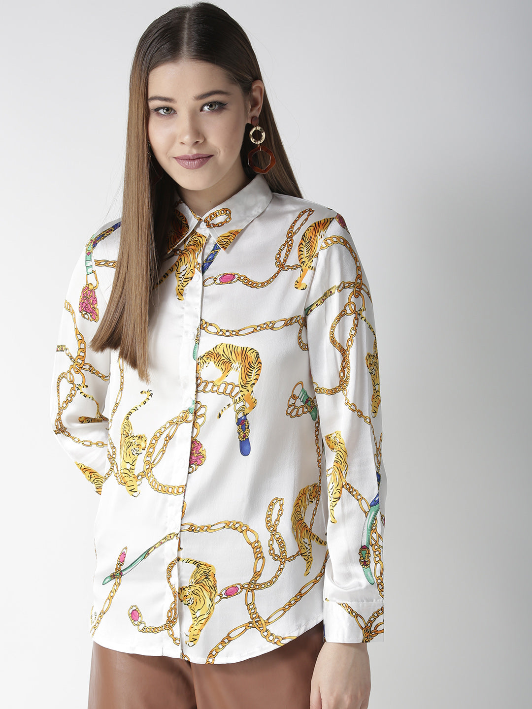 Women's White and Golden Animal Chain Print Shirt - StyleStone